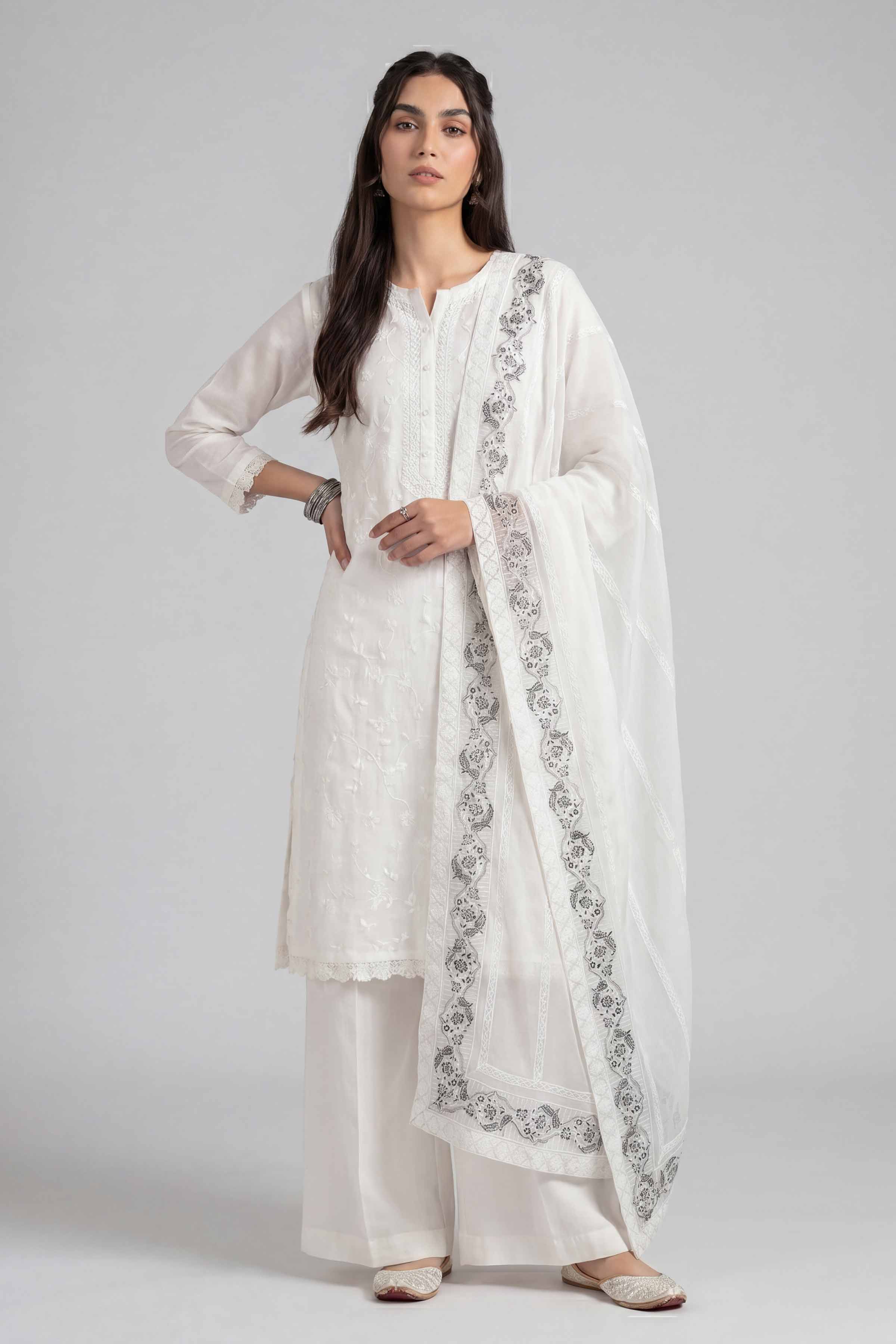 Nishat UK - White Embroidered Chiffon 1-piece ready to wear luxury dupatta