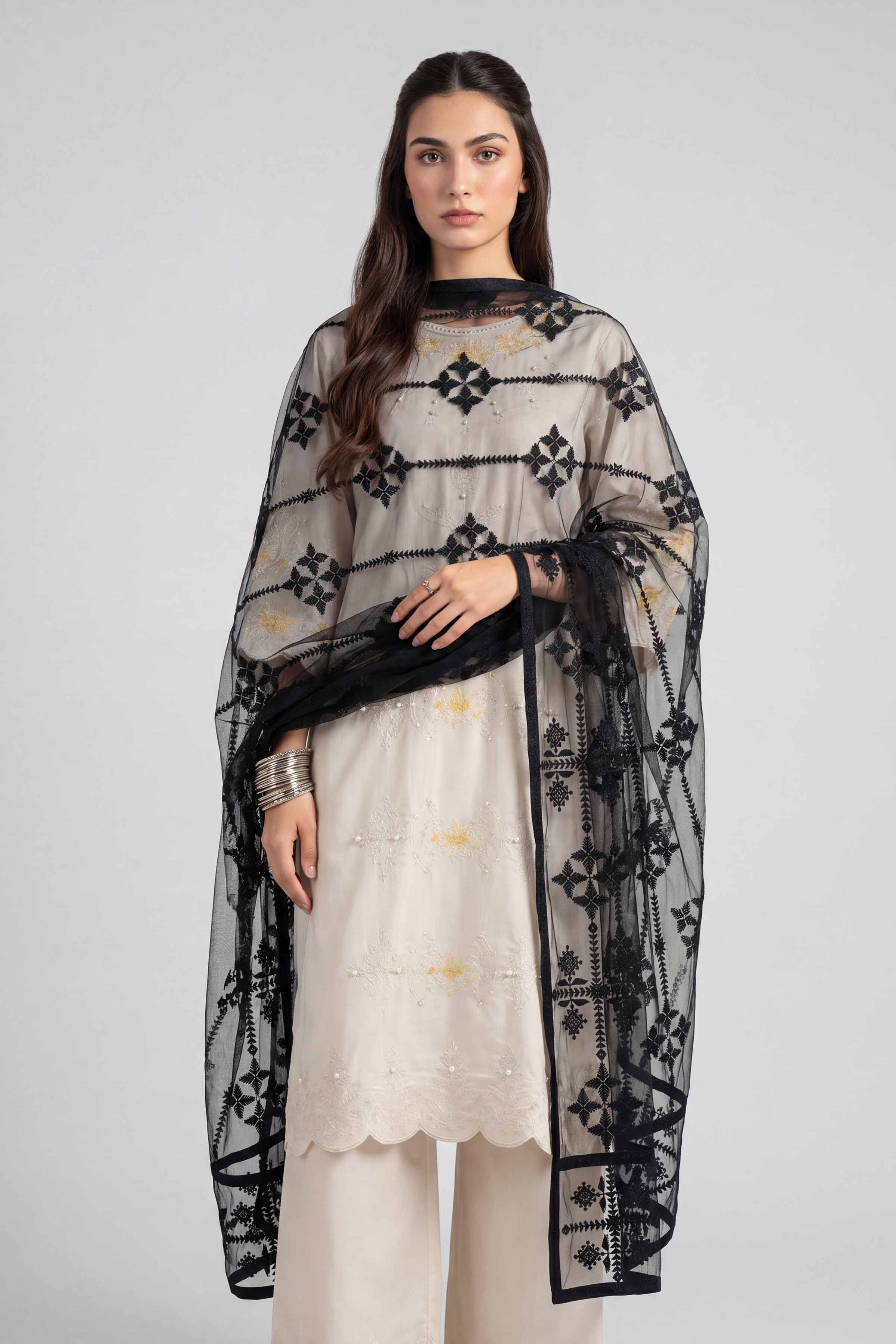 Nishat UK - Black Embroidered Net 1-piece ready to wear luxury dupatta