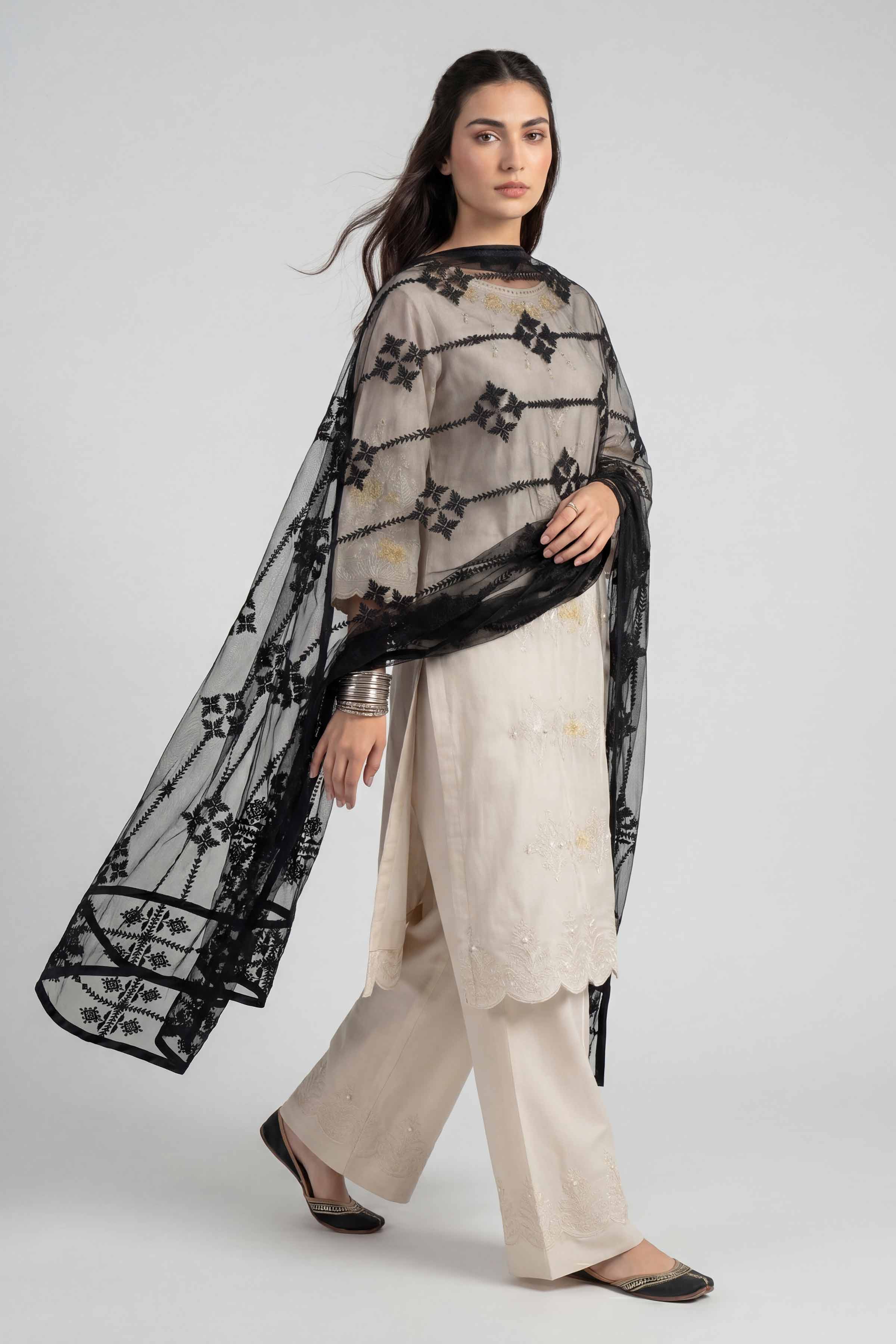Nishat UK - Black Embroidered Net 1-piece ready to wear luxury dupatta