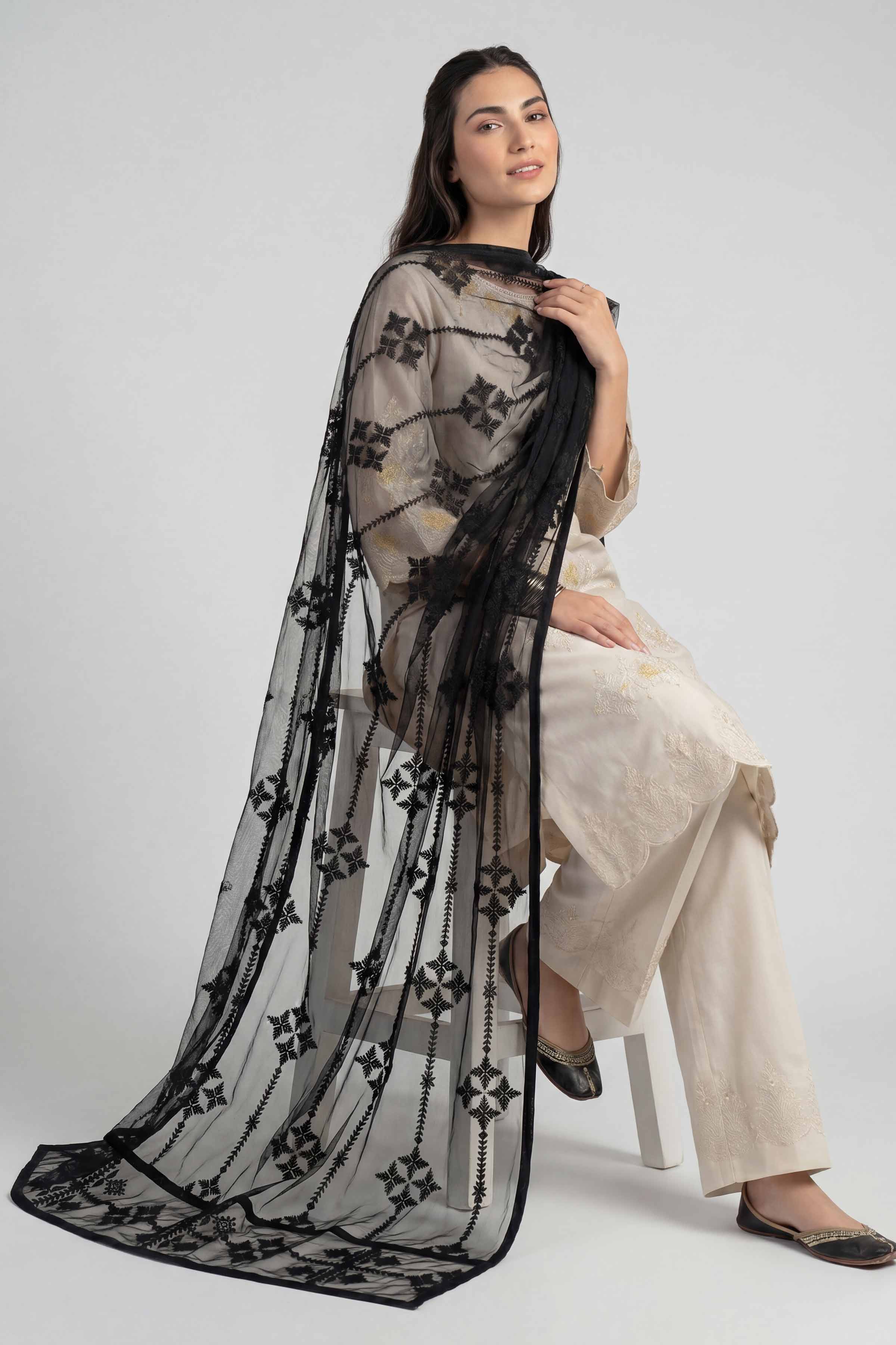 Nishat UK - Black Embroidered Net 1-piece ready to wear luxury dupatta