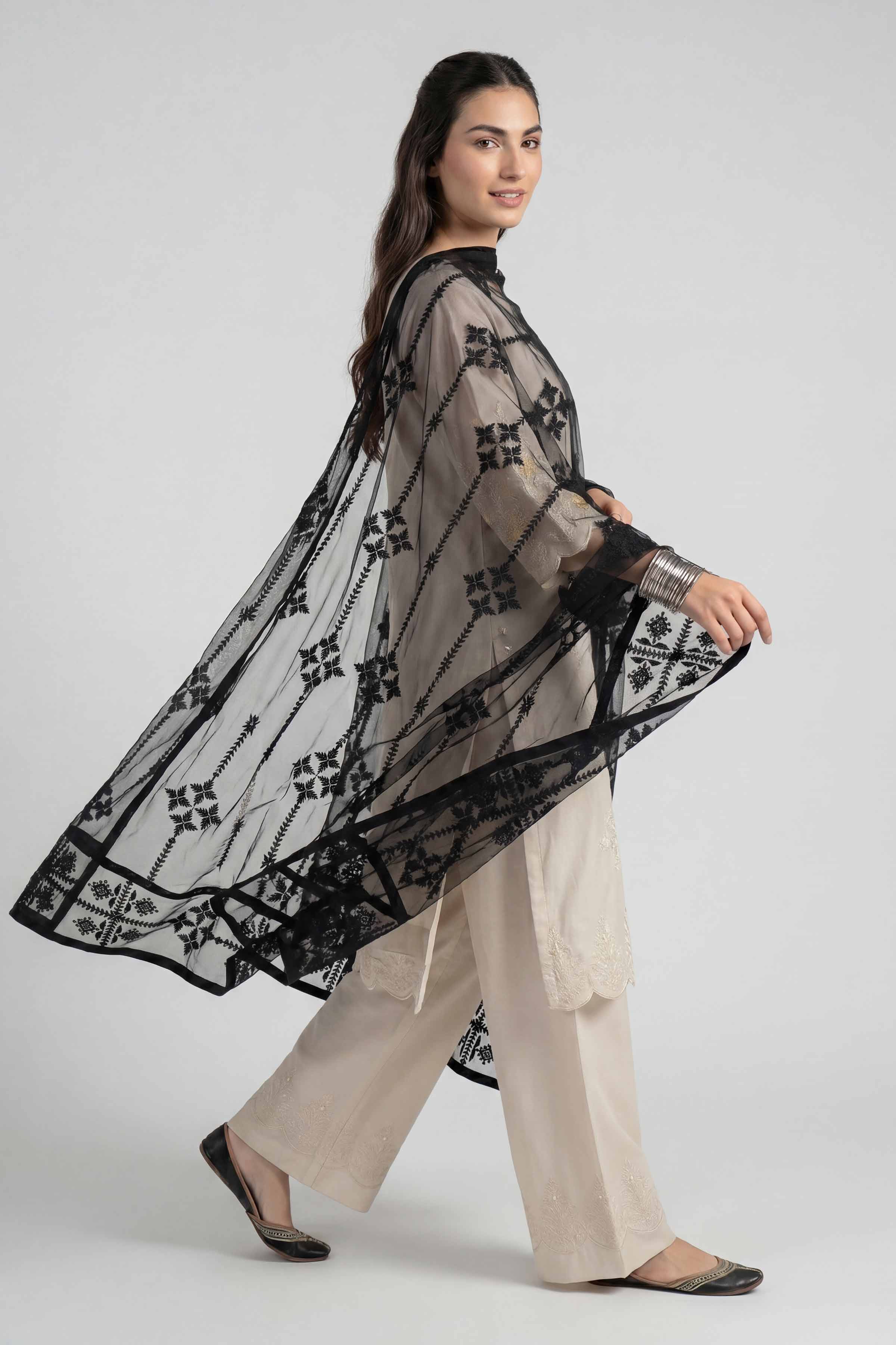 Nishat UK - Black Embroidered Net 1-piece ready to wear luxury dupatta