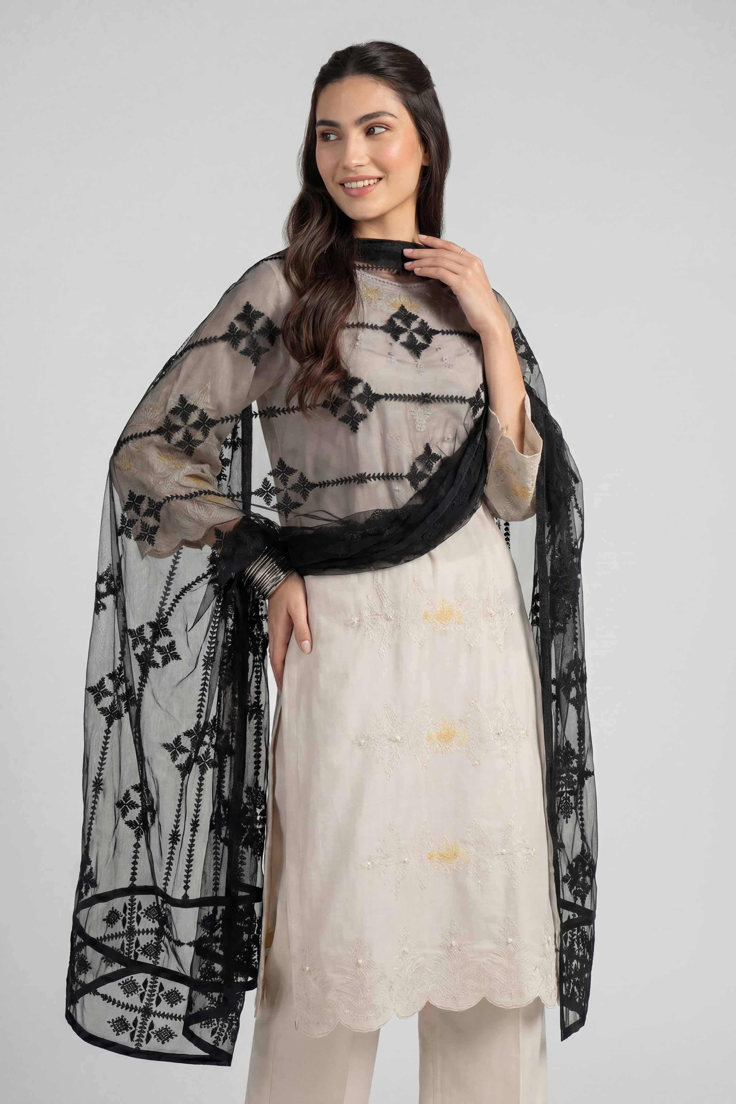 Nishat UK - Black Embroidered Net 1-piece ready to wear luxury dupatta