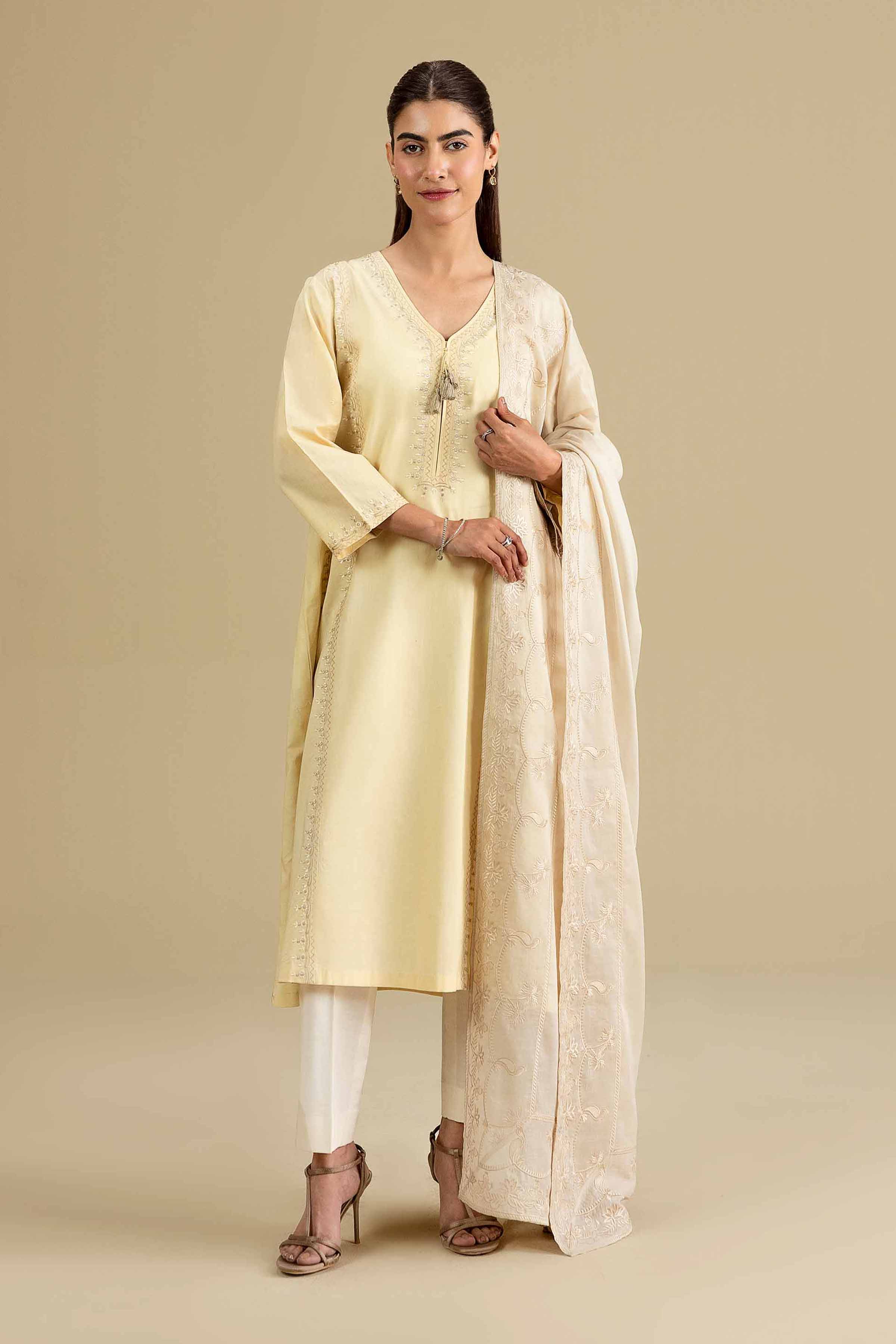 Nishat UK - Beige Embroidered Voile 1-piece ready to wear luxury dupatta