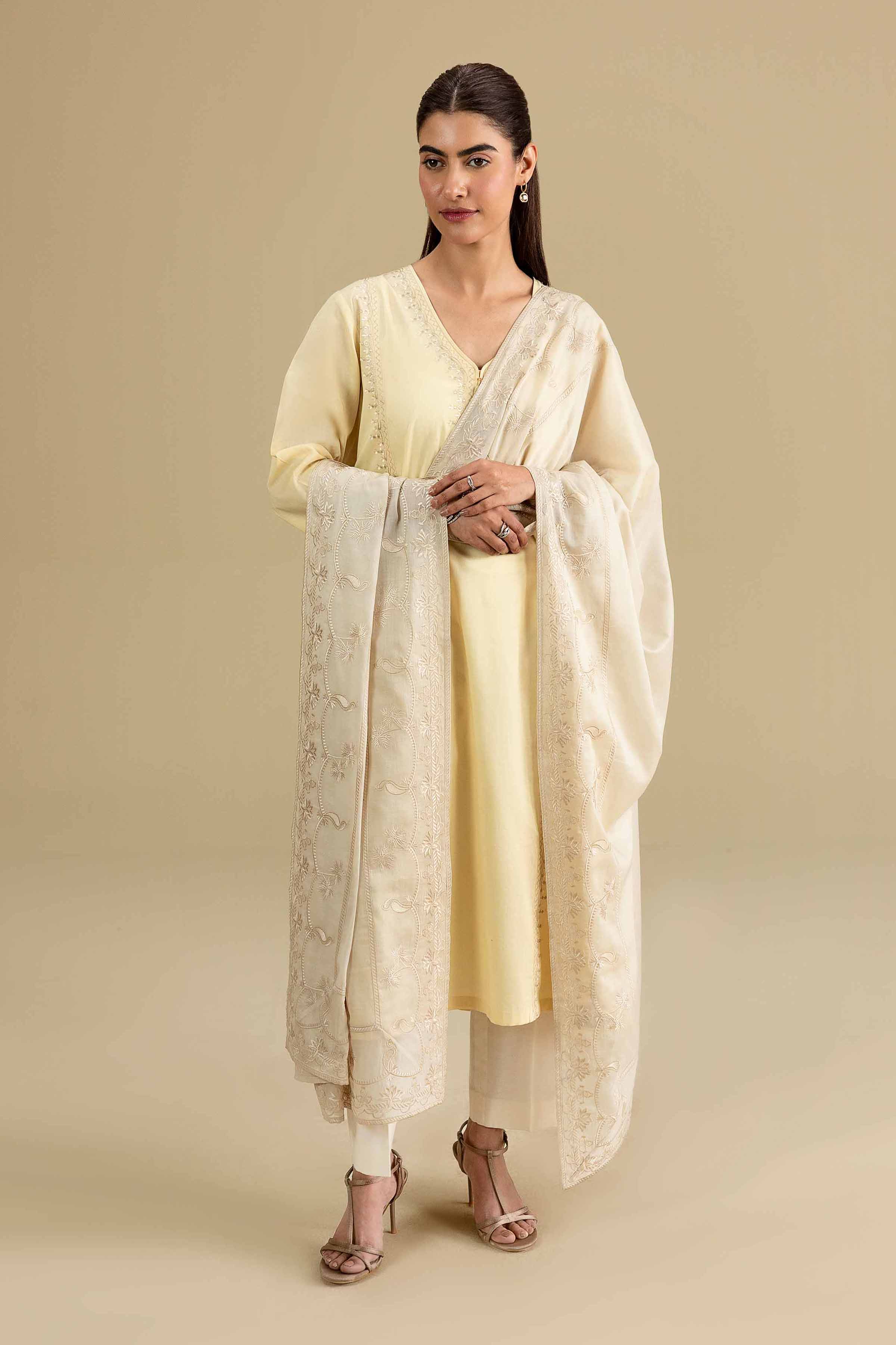 Nishat UK - Beige Embroidered Voile 1-piece ready to wear luxury dupatta