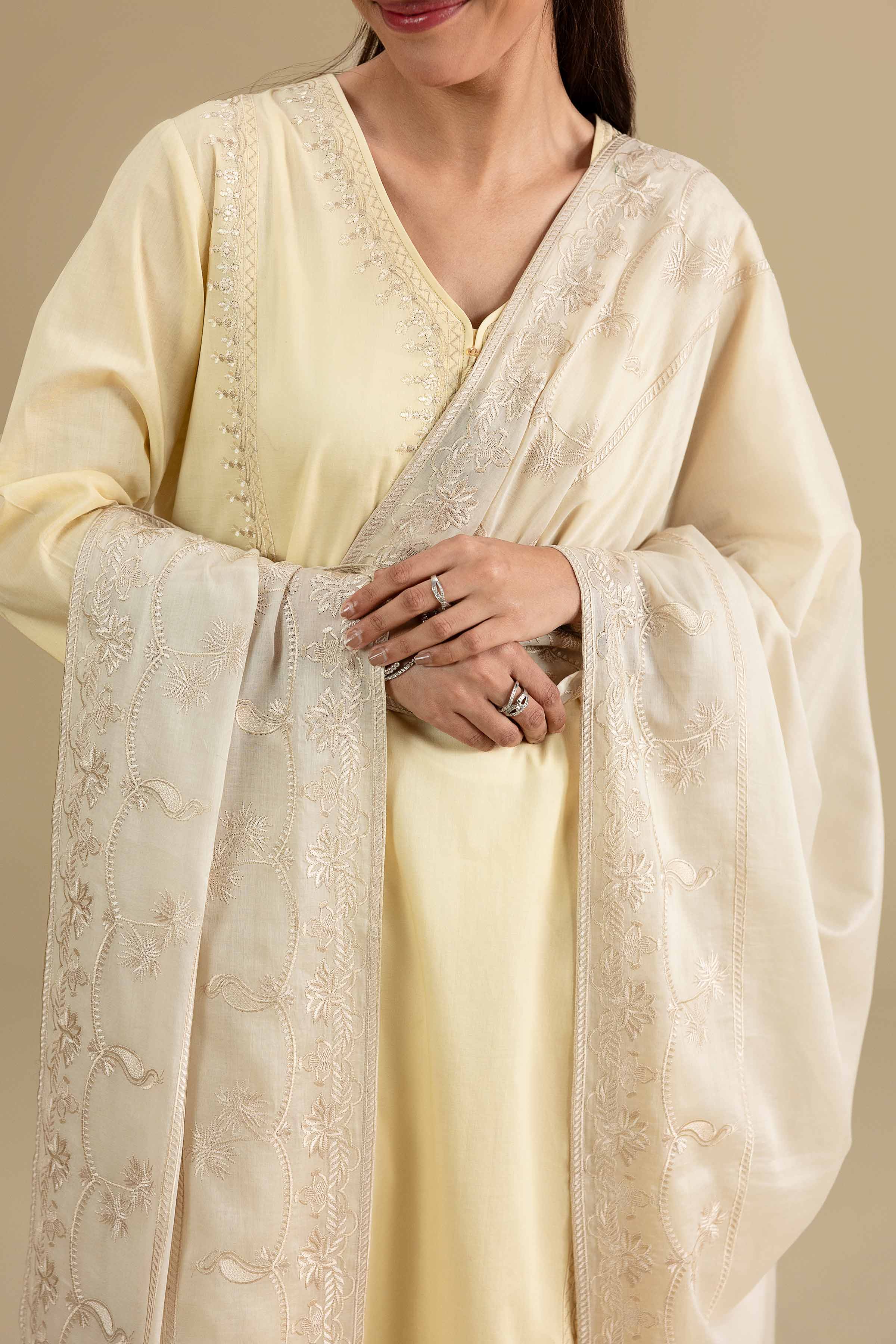 Nishat UK - Beige Embroidered Voile 1-piece ready to wear luxury dupatta