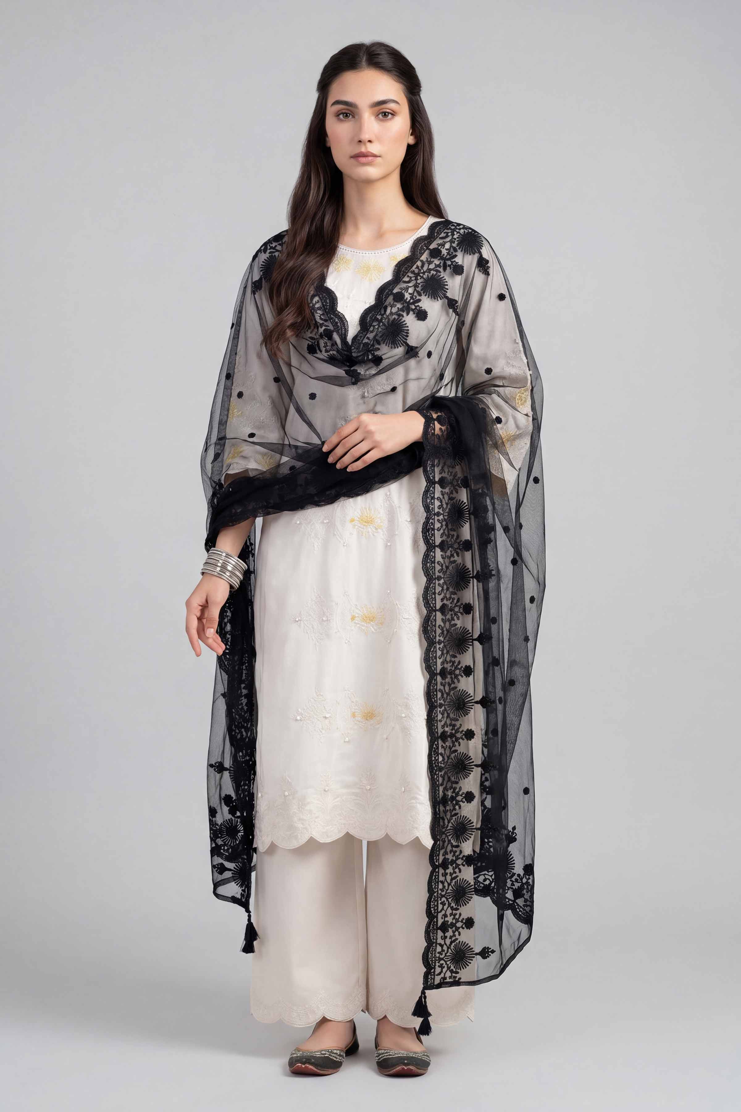 Nishat UK - Black Embroidered Net 1-piece ready to wear luxury dupatta