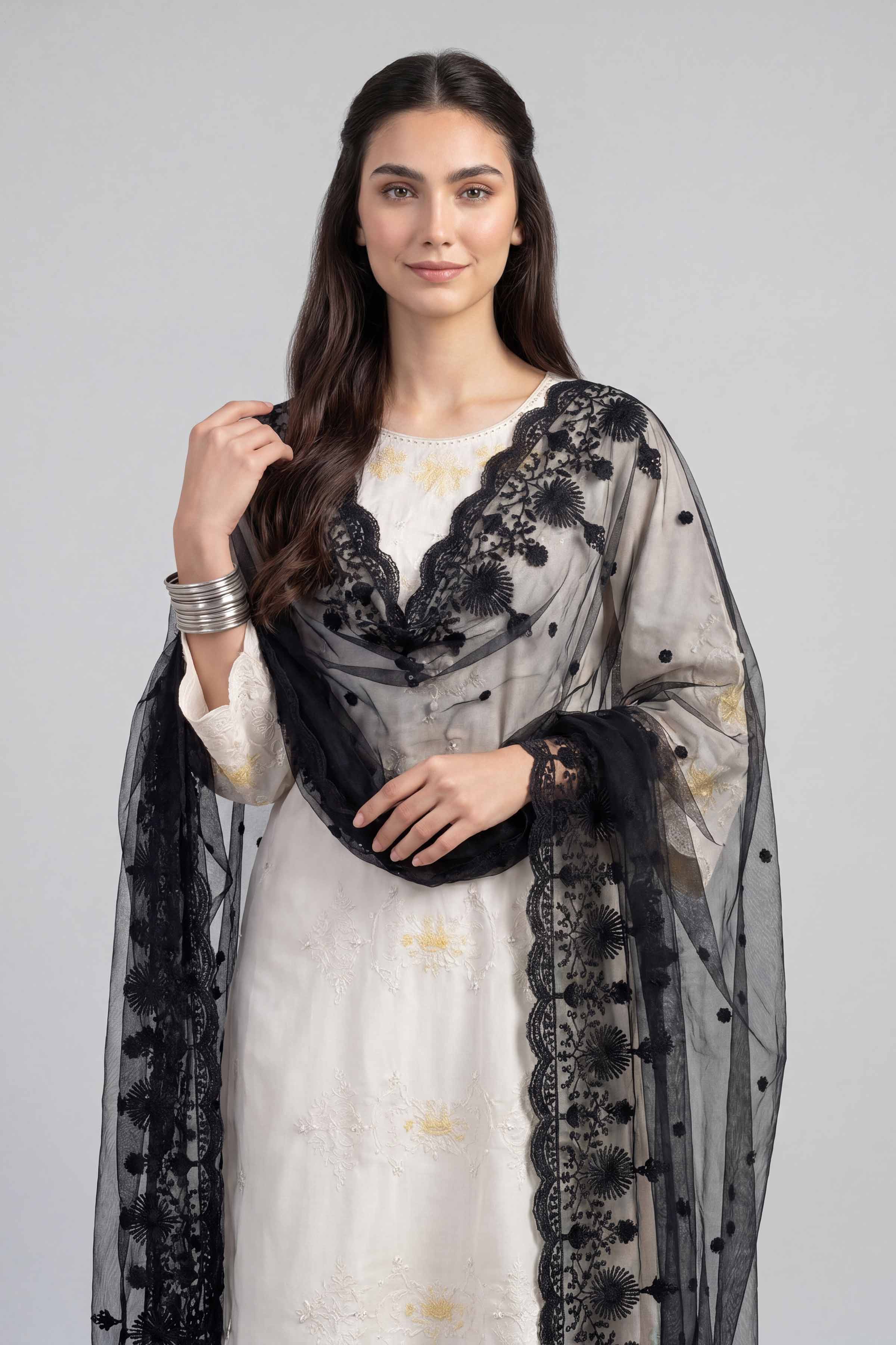 Nishat UK - Black Embroidered Net 1-piece ready to wear luxury dupatta