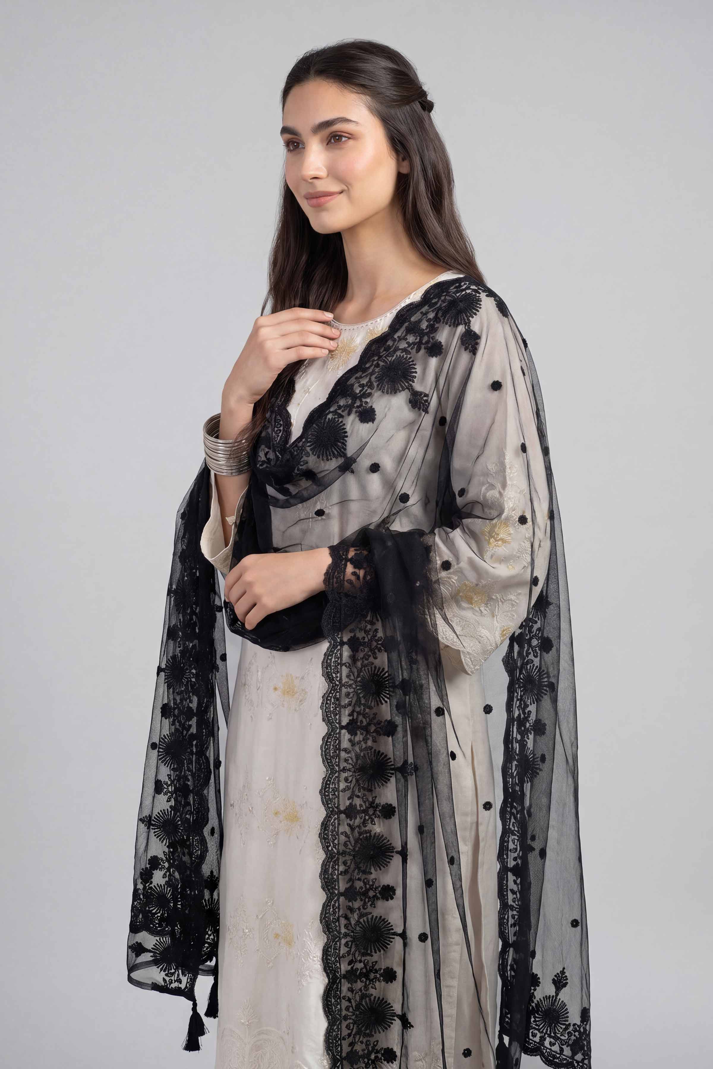 Nishat UK - Black Embroidered Net 1-piece ready to wear luxury dupatta