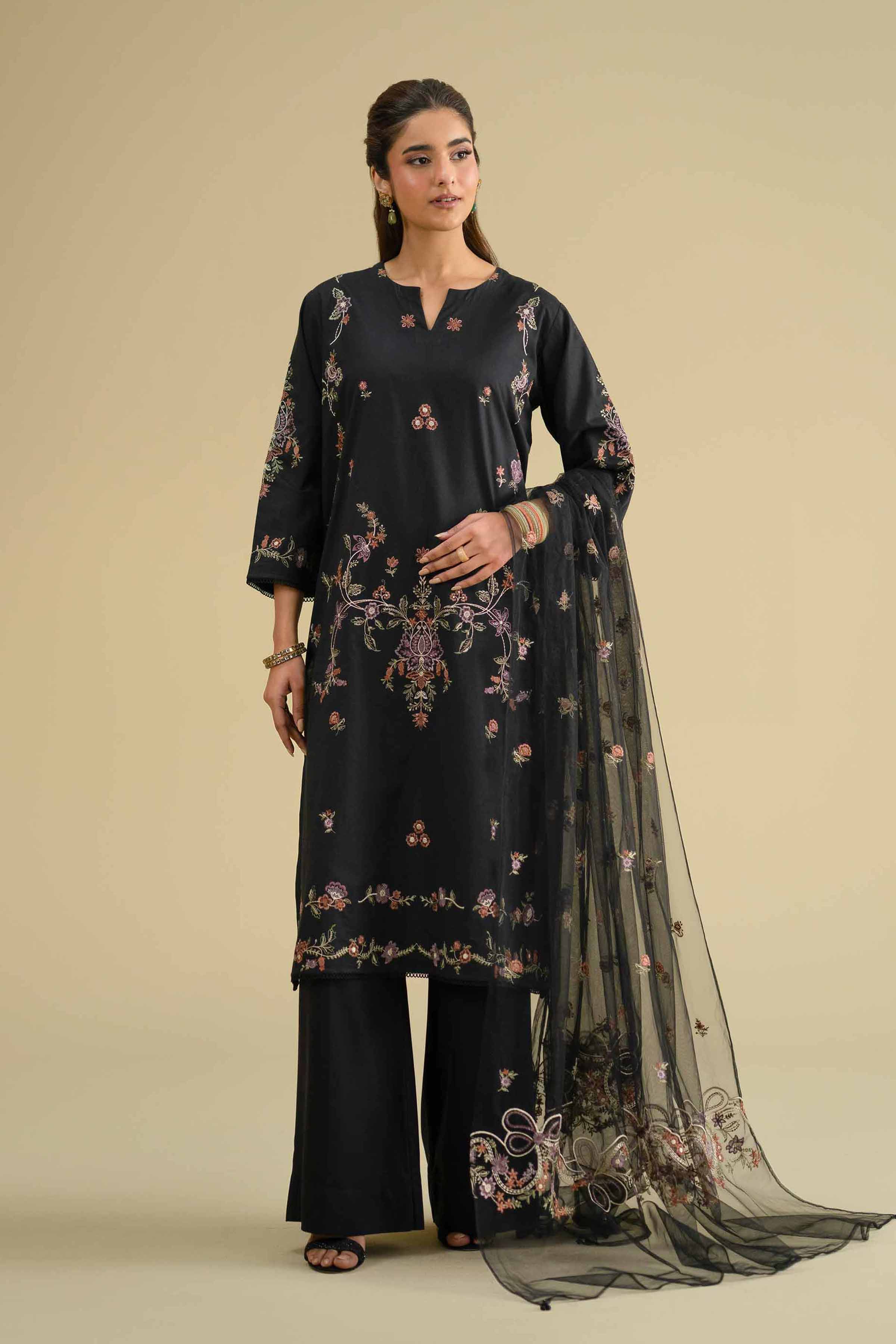 NishatUK - Balck Embroidered Cambric 2-piece ready to wear Dress