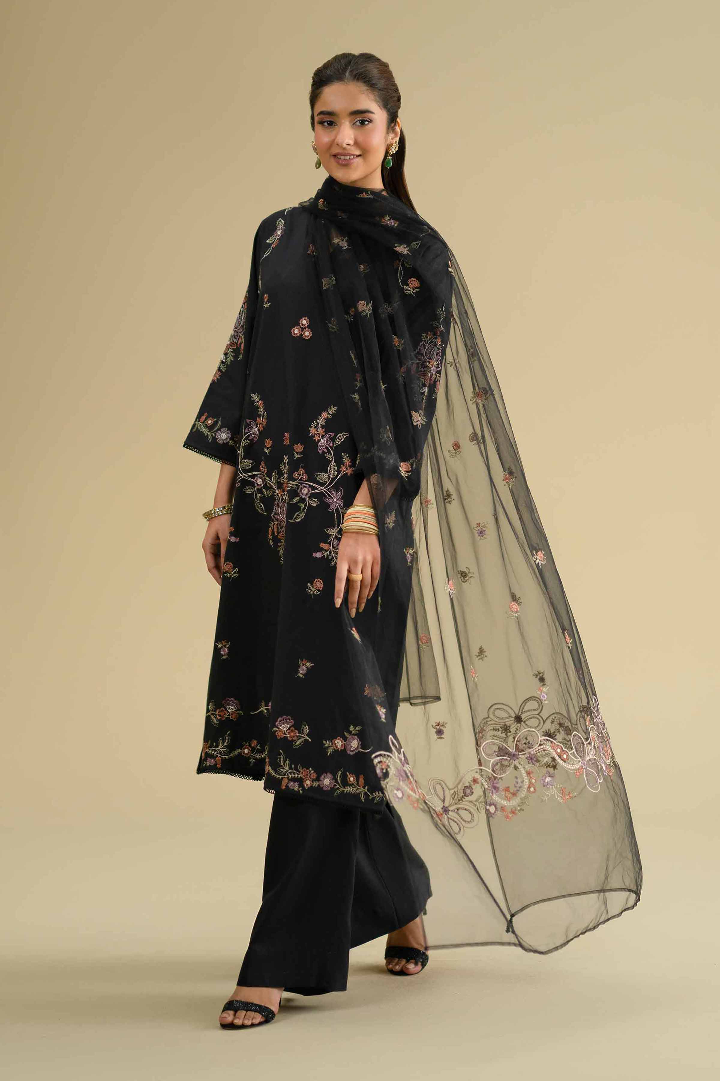 NishatUK - Balck Embroidered Cambric 2-piece ready to wear Dress