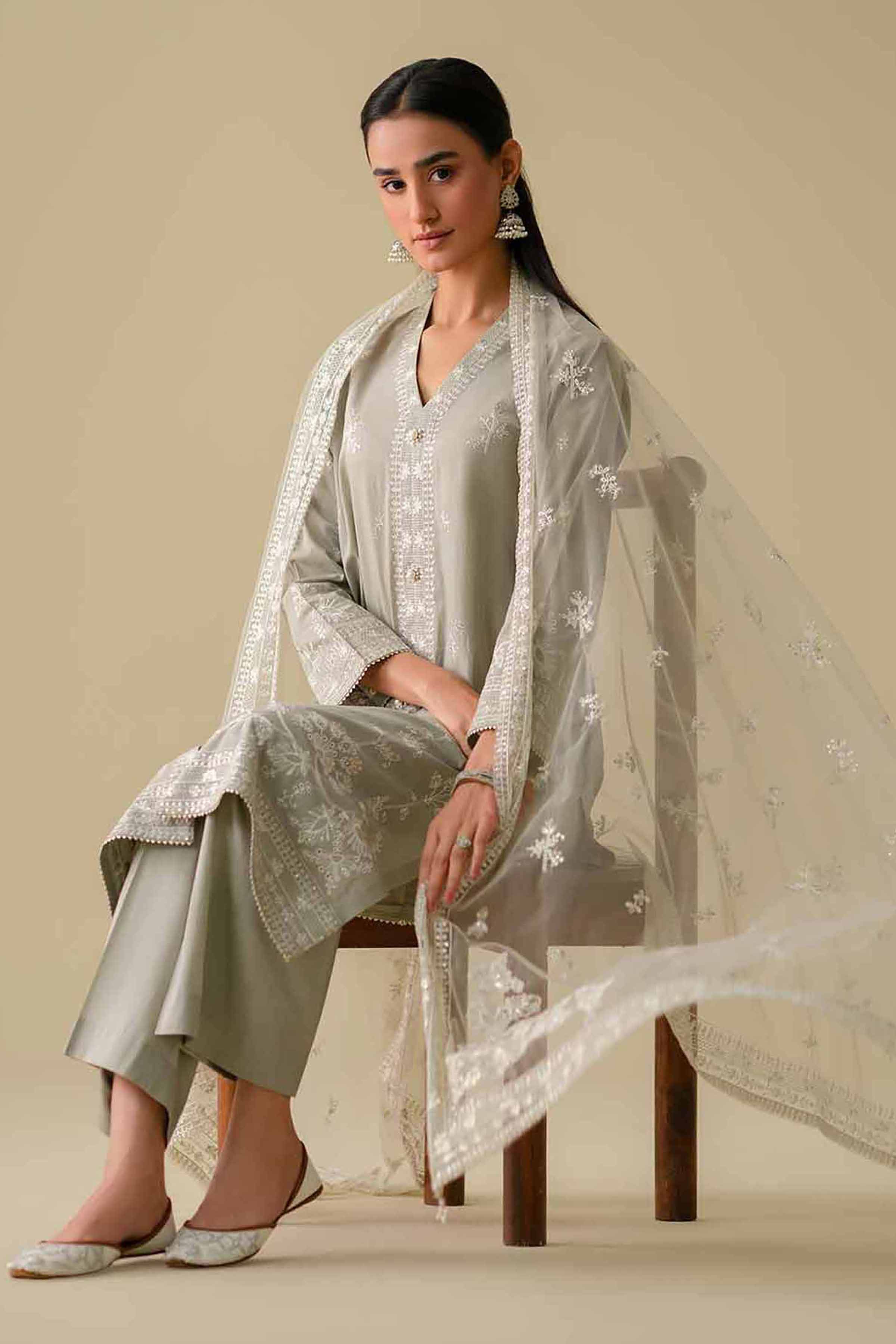NishatUK - Grey Embroidered Cambric 3-piece ready to wear luxury Suit