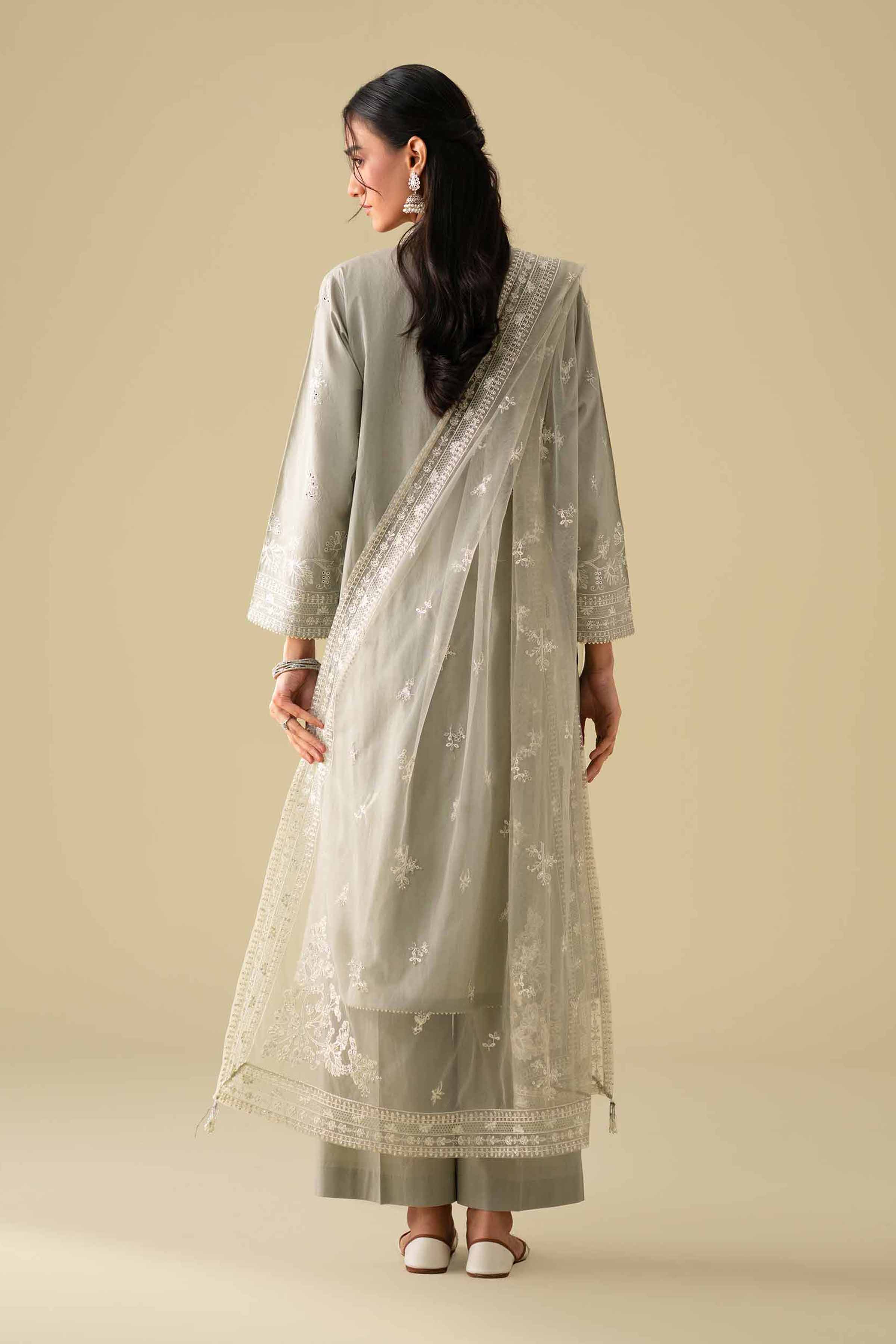 NishatUK - Grey Embroidered Cambric 3-piece ready to wear luxury Suit
