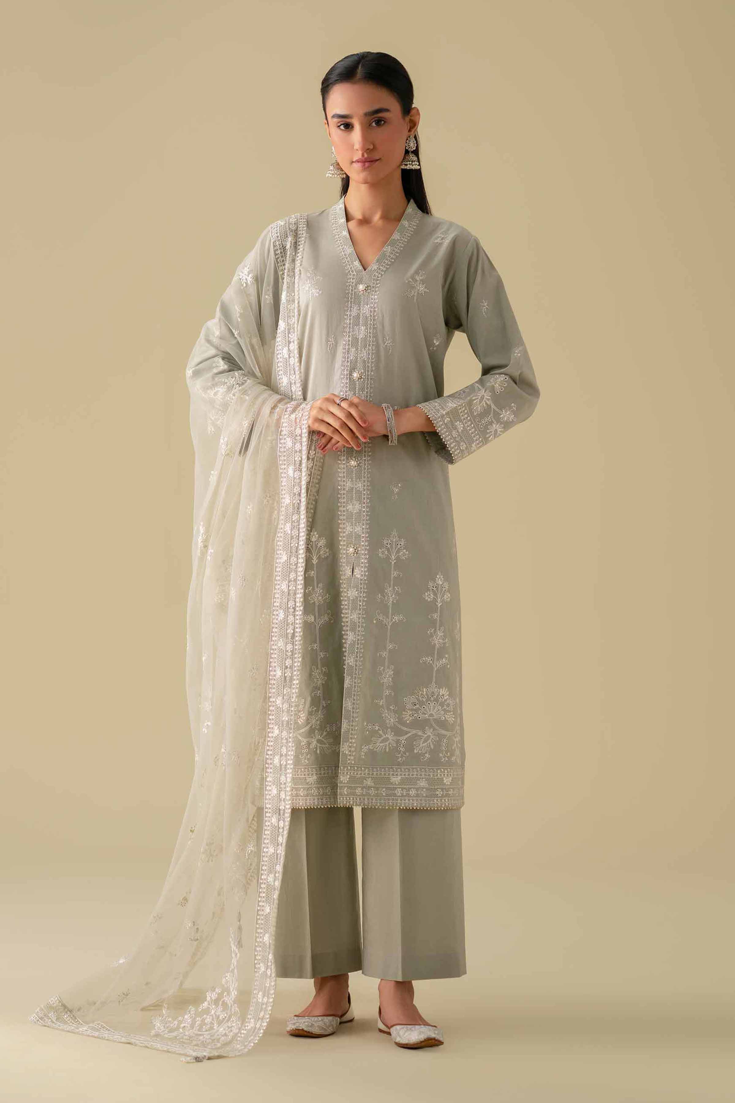 NishatUK - Grey Embroidered Cambric 3-piece ready to wear luxury Suit