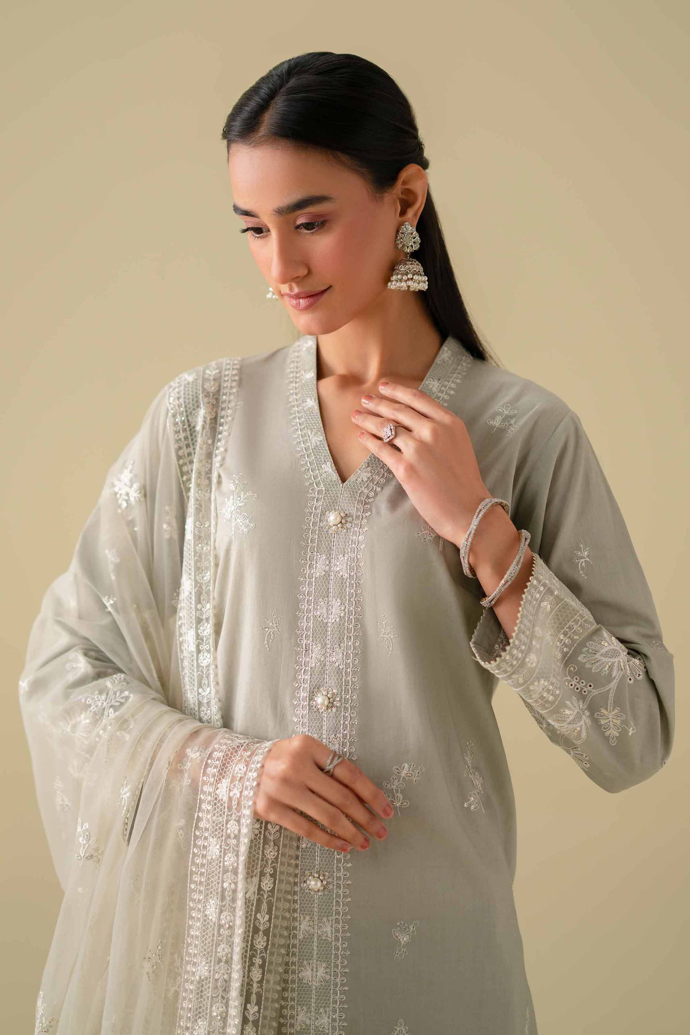 NishatUK - Grey Embroidered Cambric 3-piece ready to wear luxury Suit