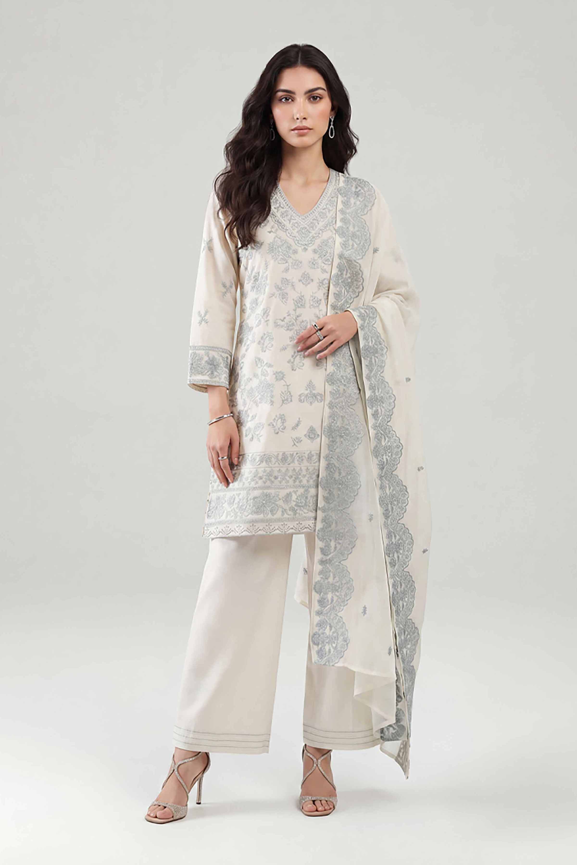 Nishat UK - Off White Embroidered Cambric 3-piece ready to wear luxury Suit