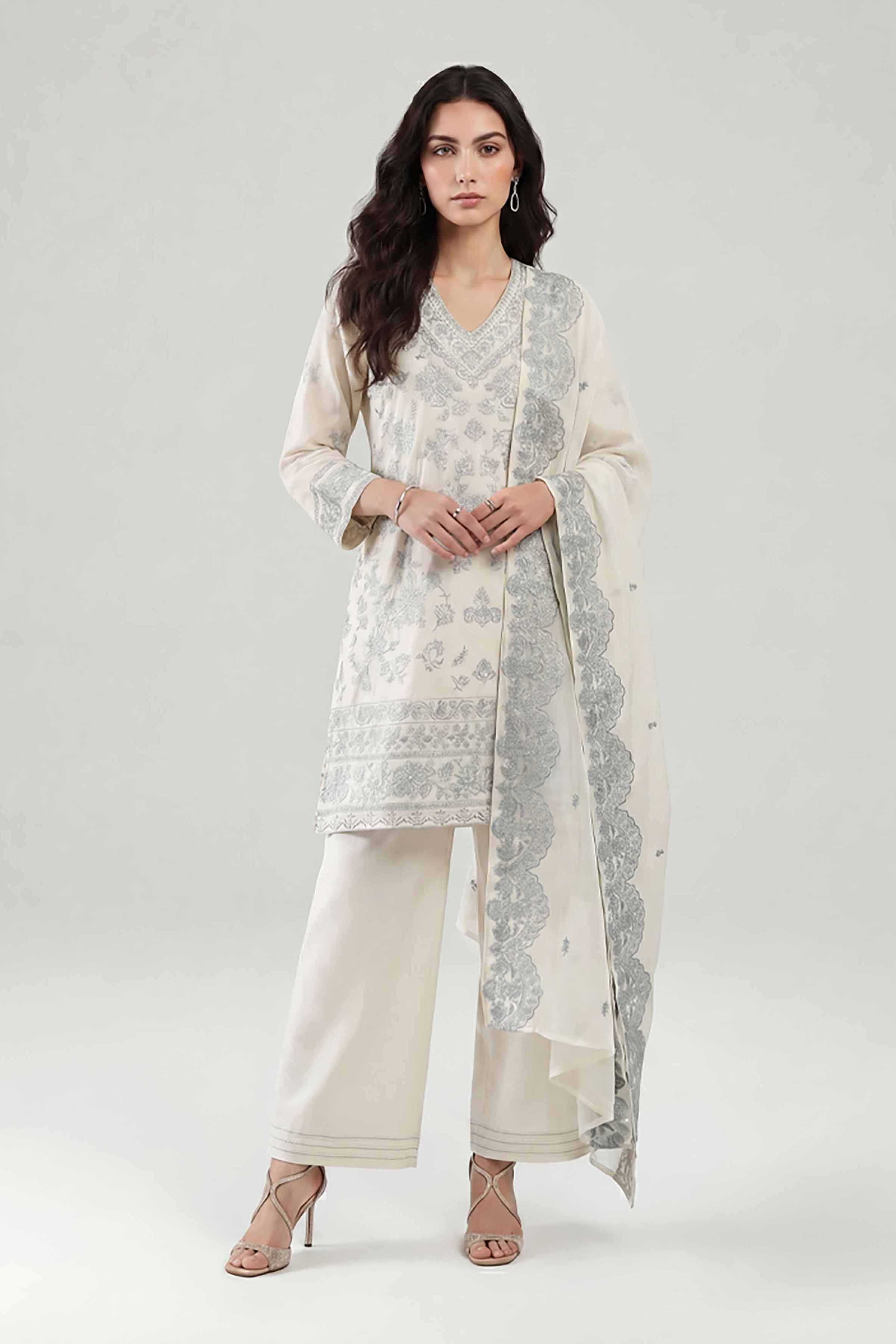 Nishat UK - Off White Embroidered Cambric 3-piece ready to wear luxury Suit
