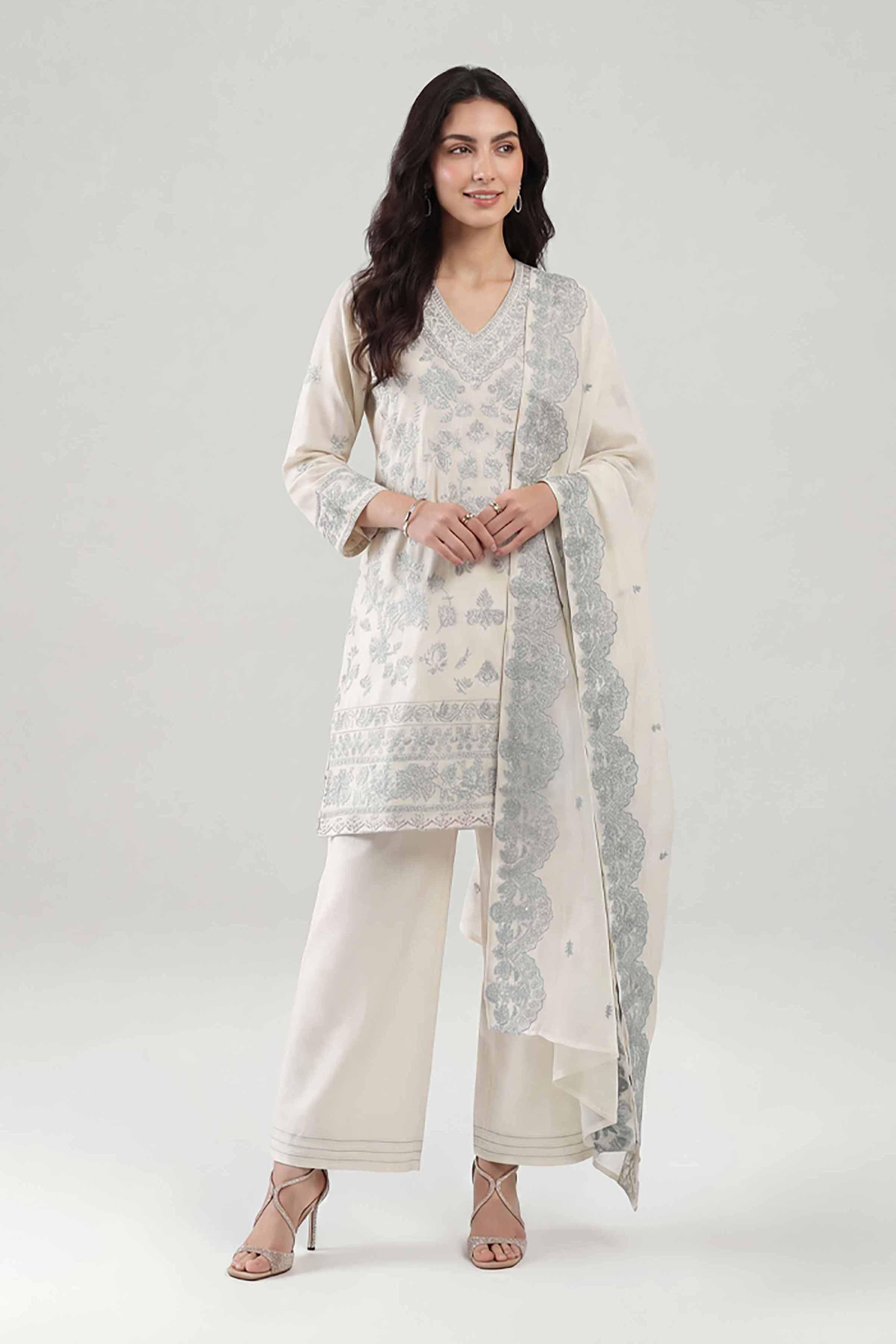 Nishat UK - Off White Embroidered Cambric 3-piece ready to wear luxury Suit