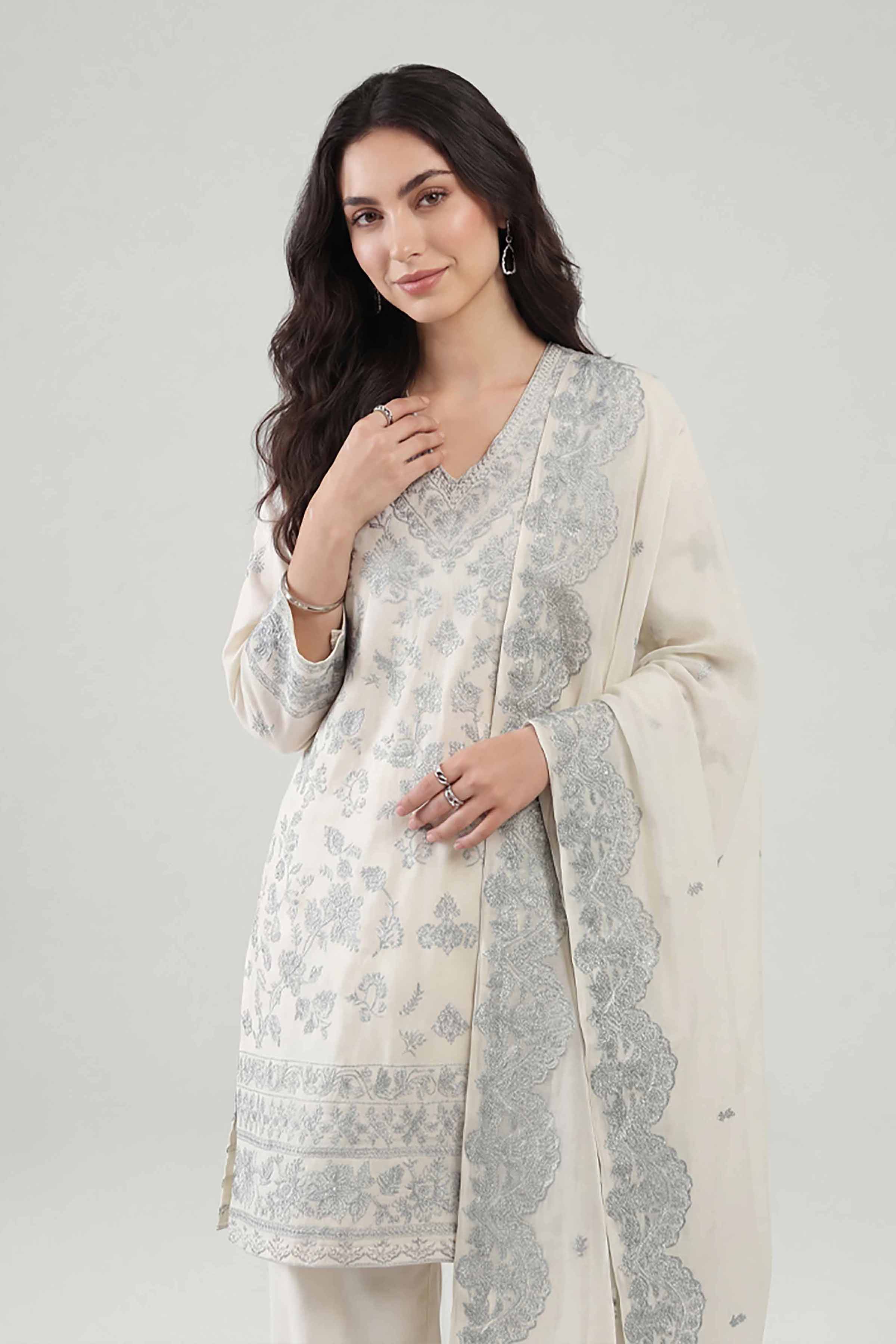 Nishat UK - Off White Embroidered Cambric 3-piece ready to wear luxury Suit