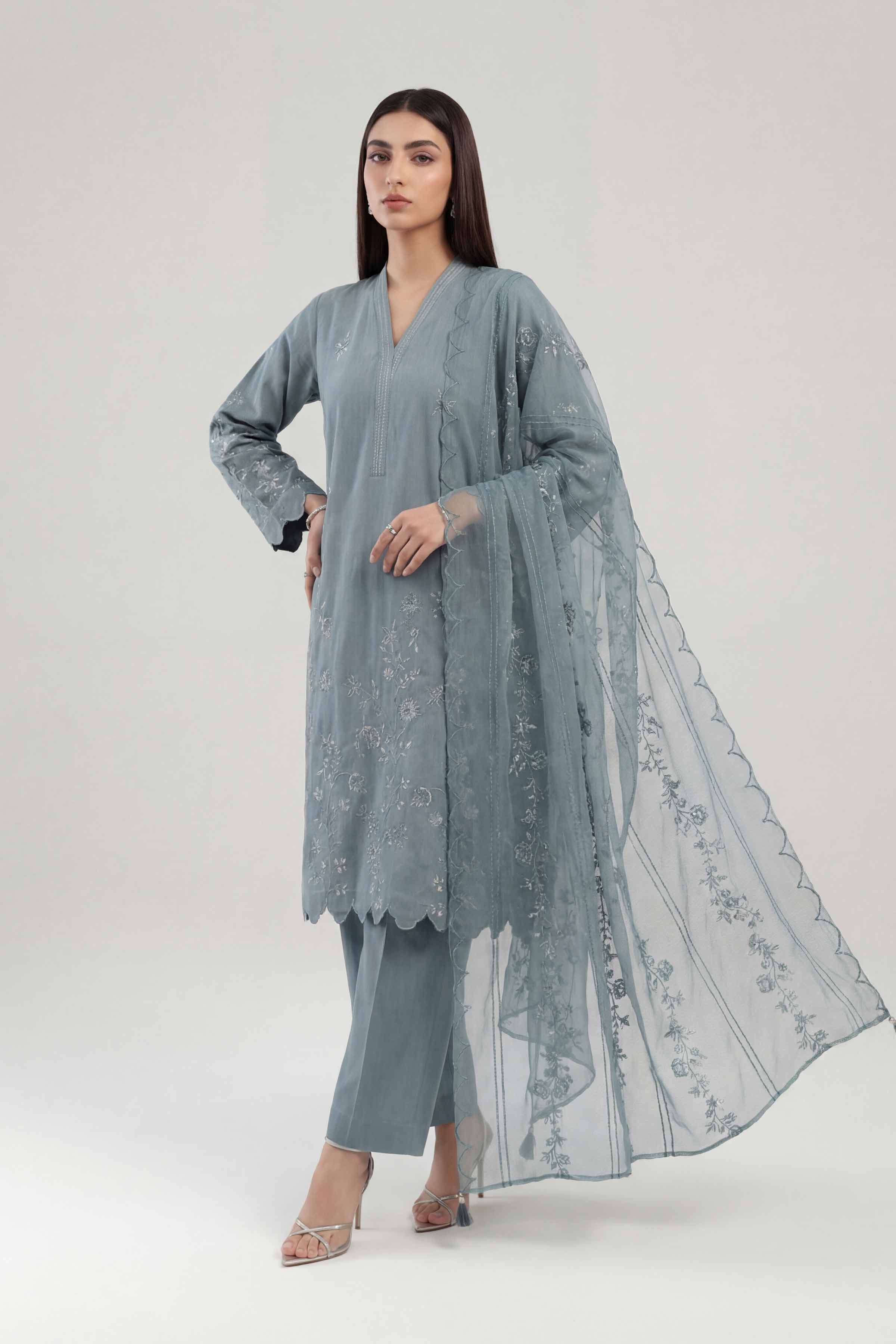 Nishat UK - Blue Embroidered Yarn Dyed 3 Pieces ready to wear luxury Suit