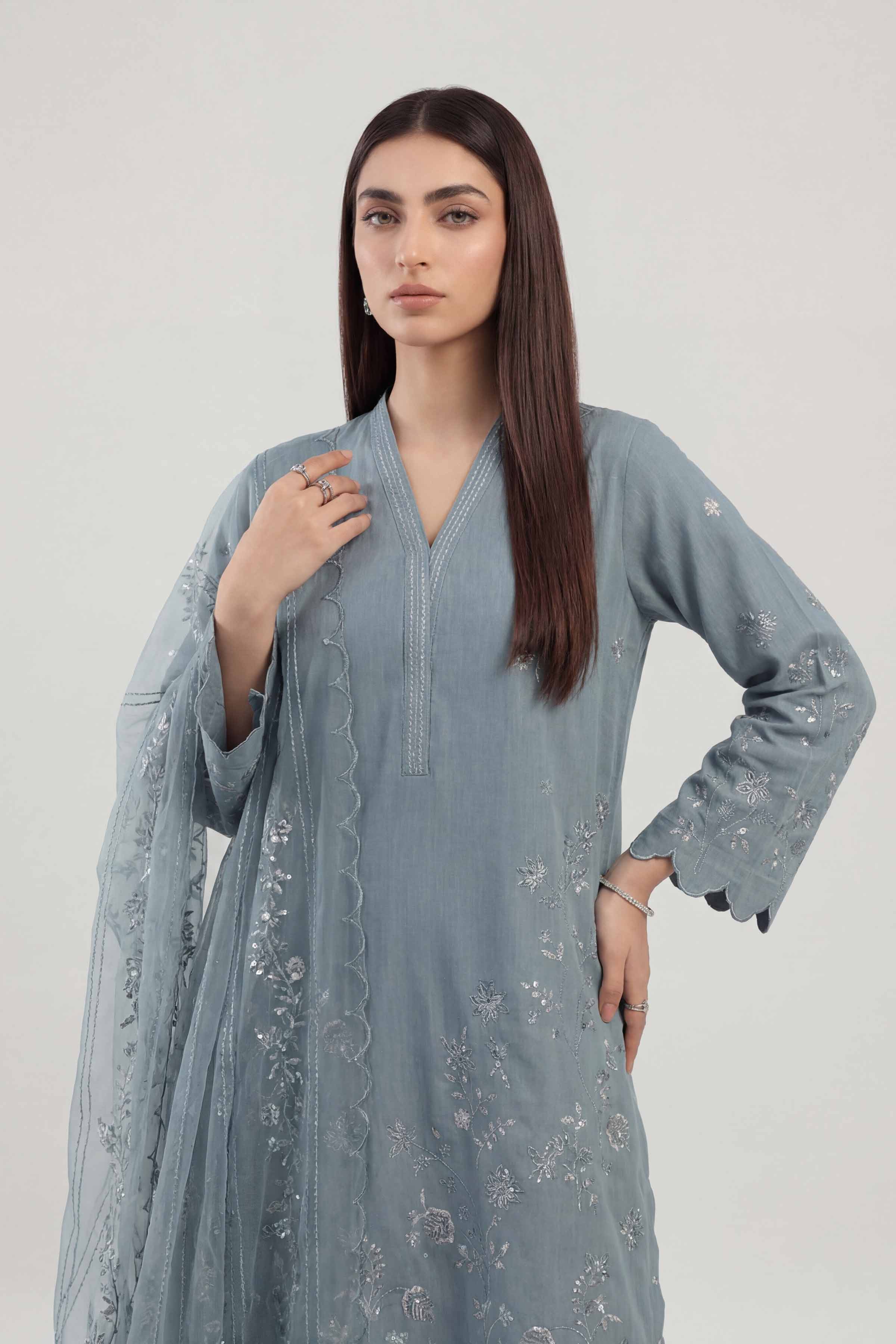 Nishat UK - Blue Embroidered Yarn Dyed 3 Pieces ready to wear luxury Suit