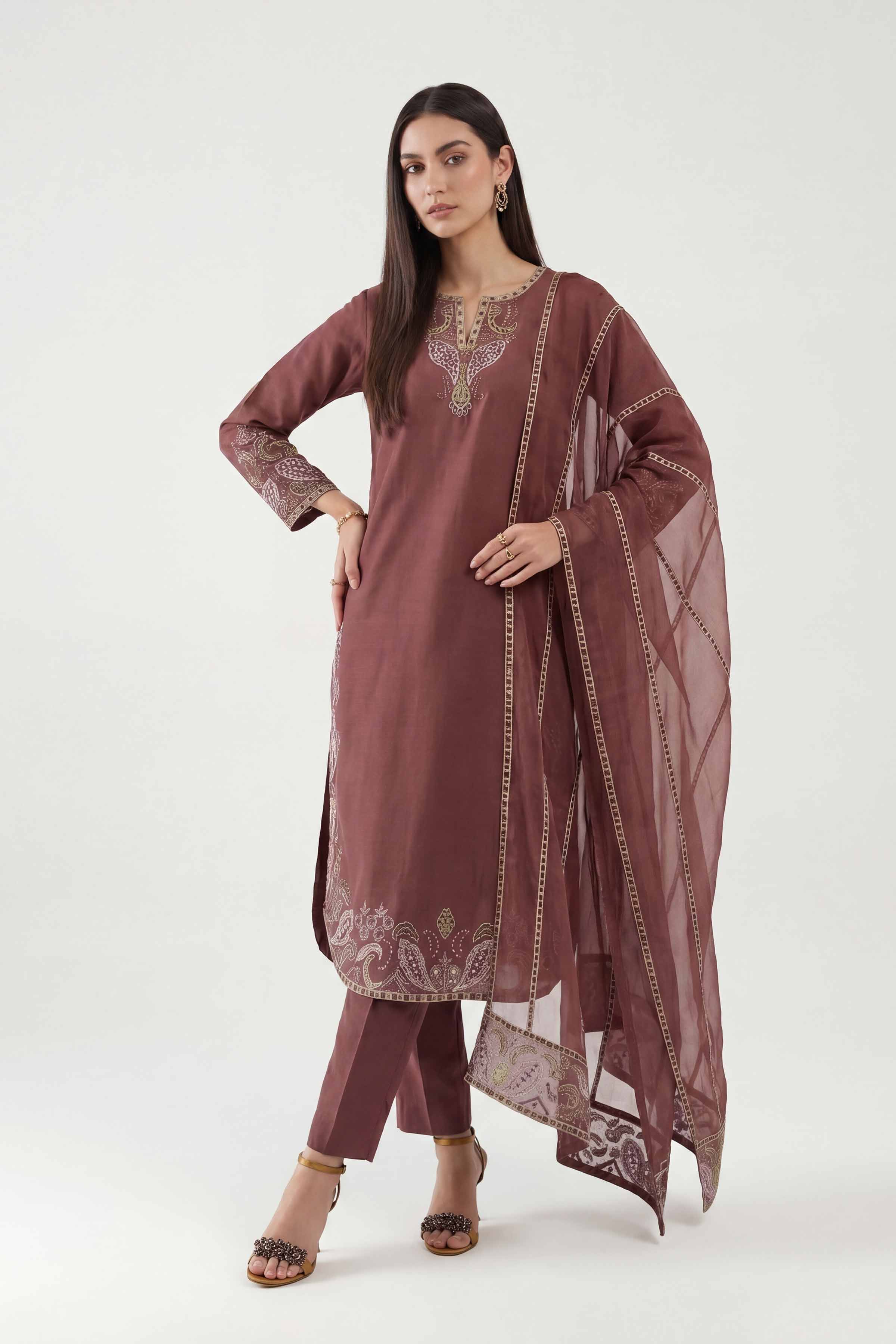 Nishat UK - Red Embroidered Yarn Dyed 3 Pieces ready to wear luxury  luxury Pret