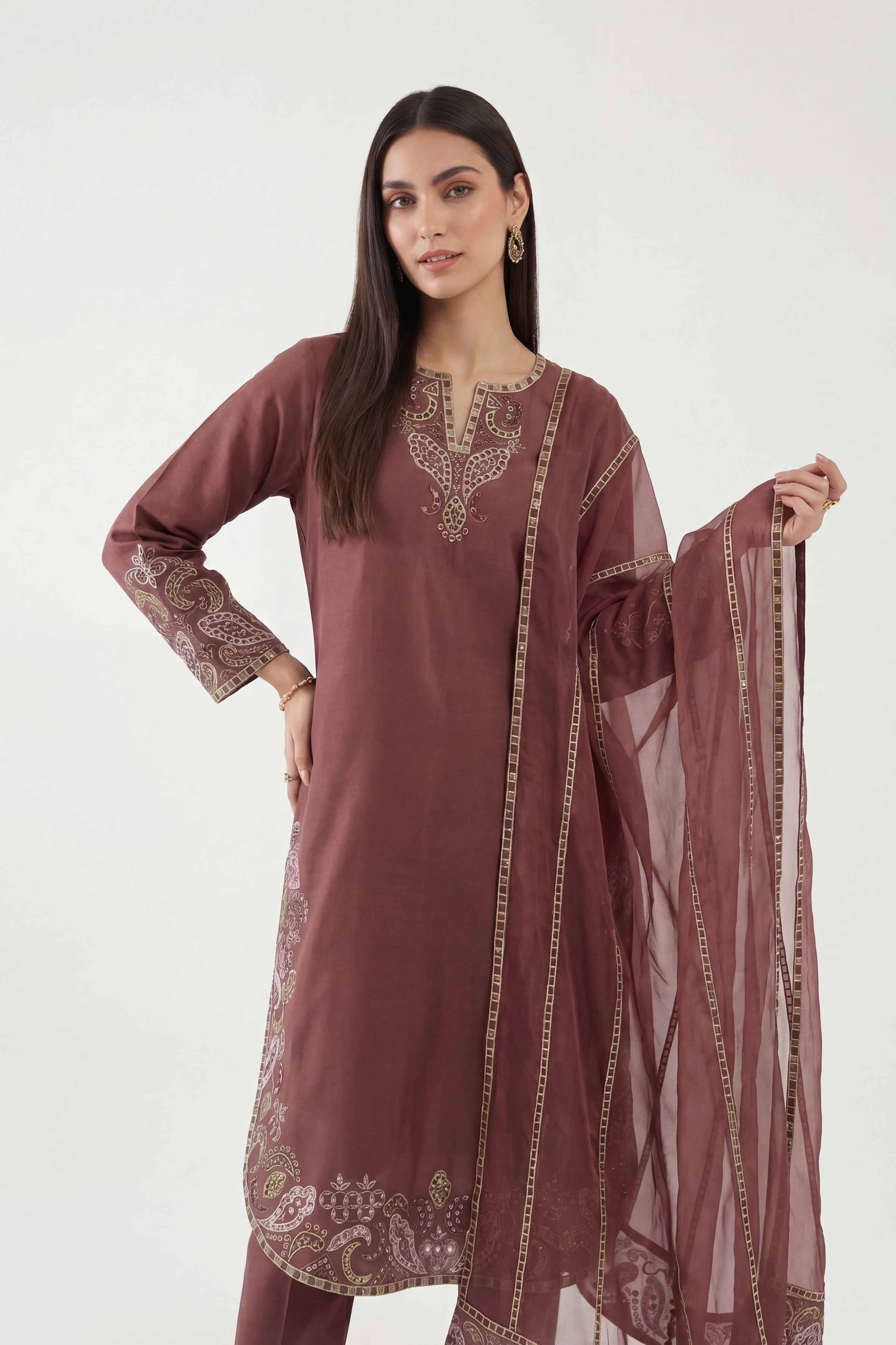 Nishat UK - Red Embroidered Yarn Dyed 3 Pieces ready to wear luxury  luxury Pret