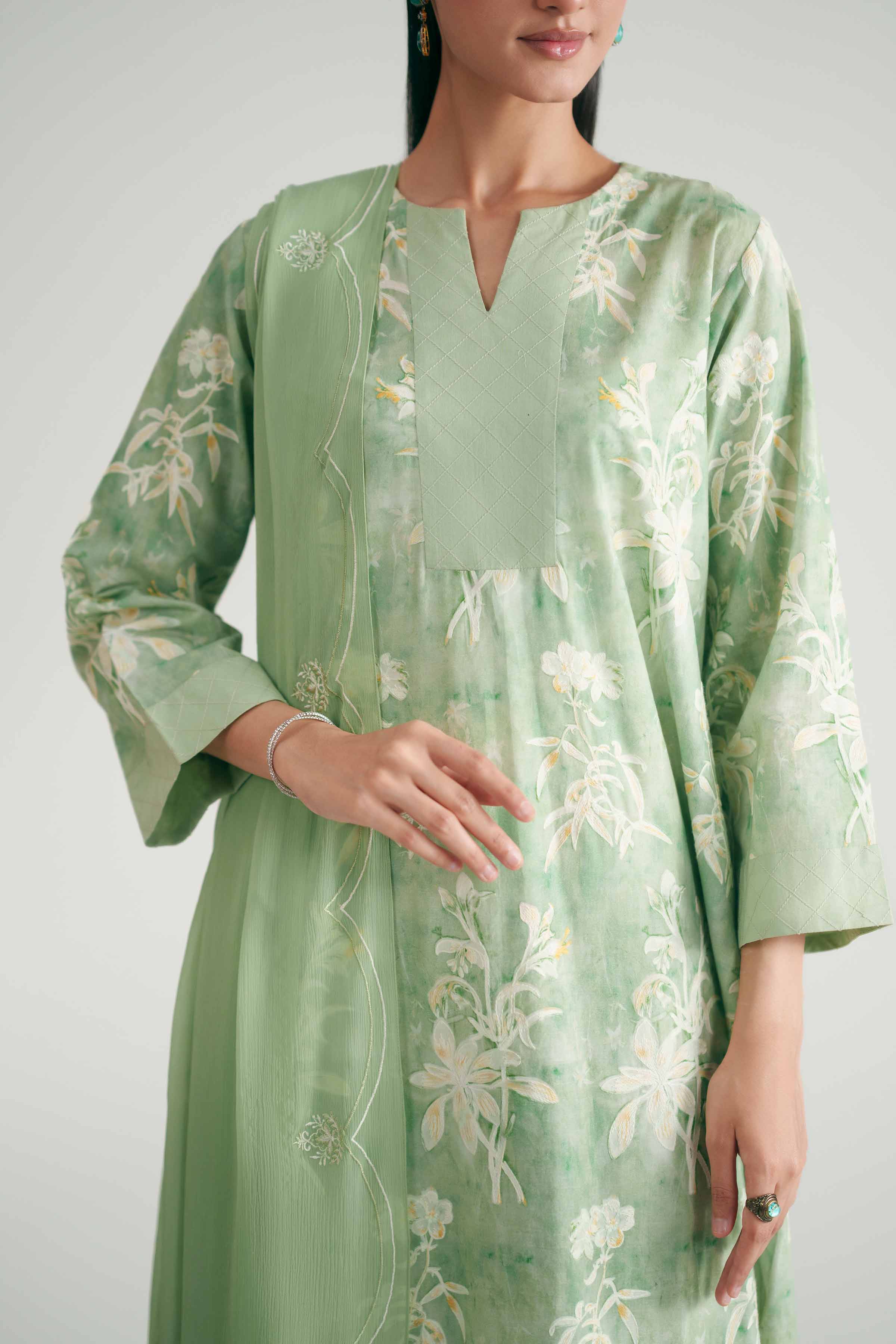 Nishat UK - Green Printed Cambric 3-piece ready to wear luxury Suit