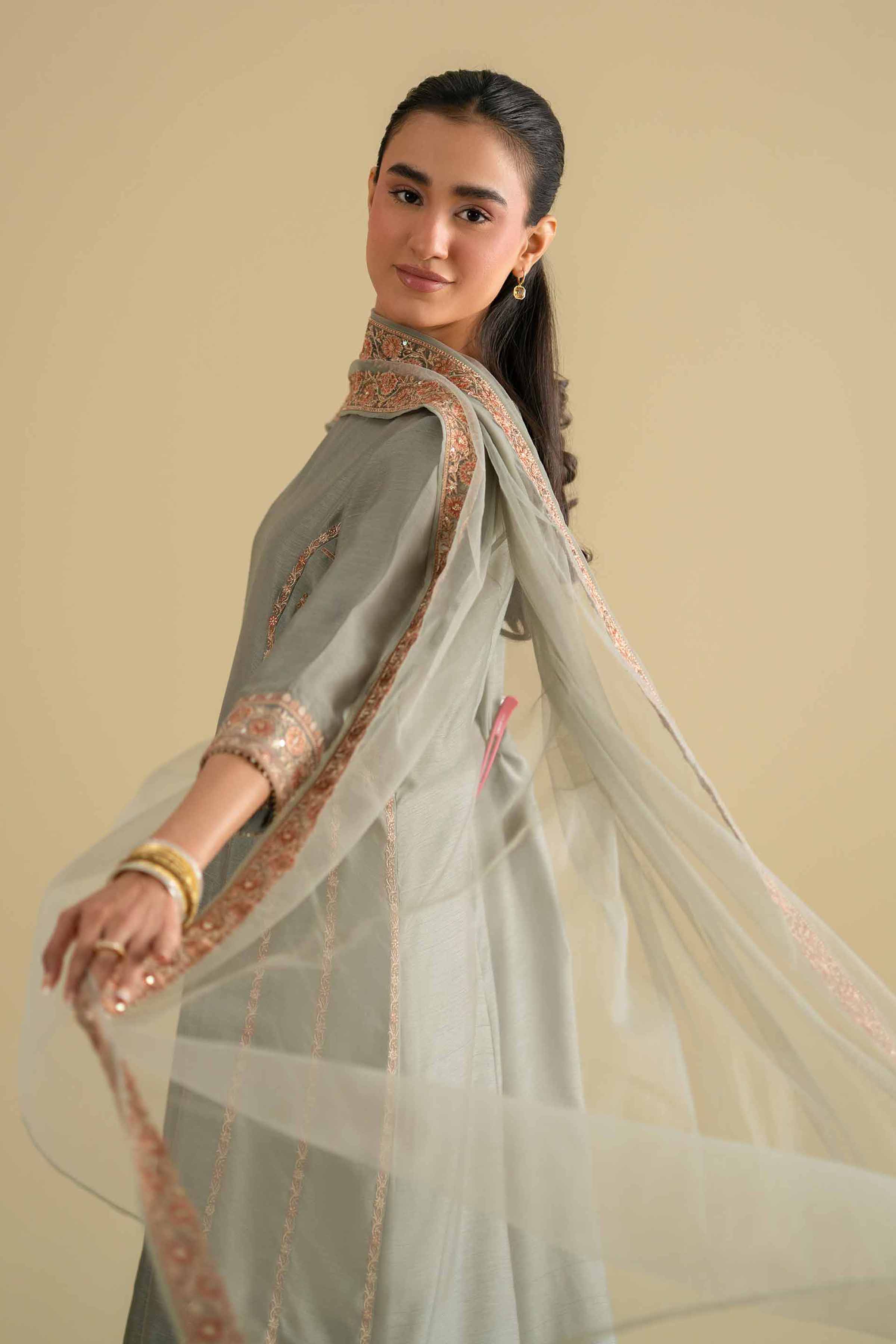 Nishat UK - Grey Embroidered Silk 3-piece ready to wear luxury Suit