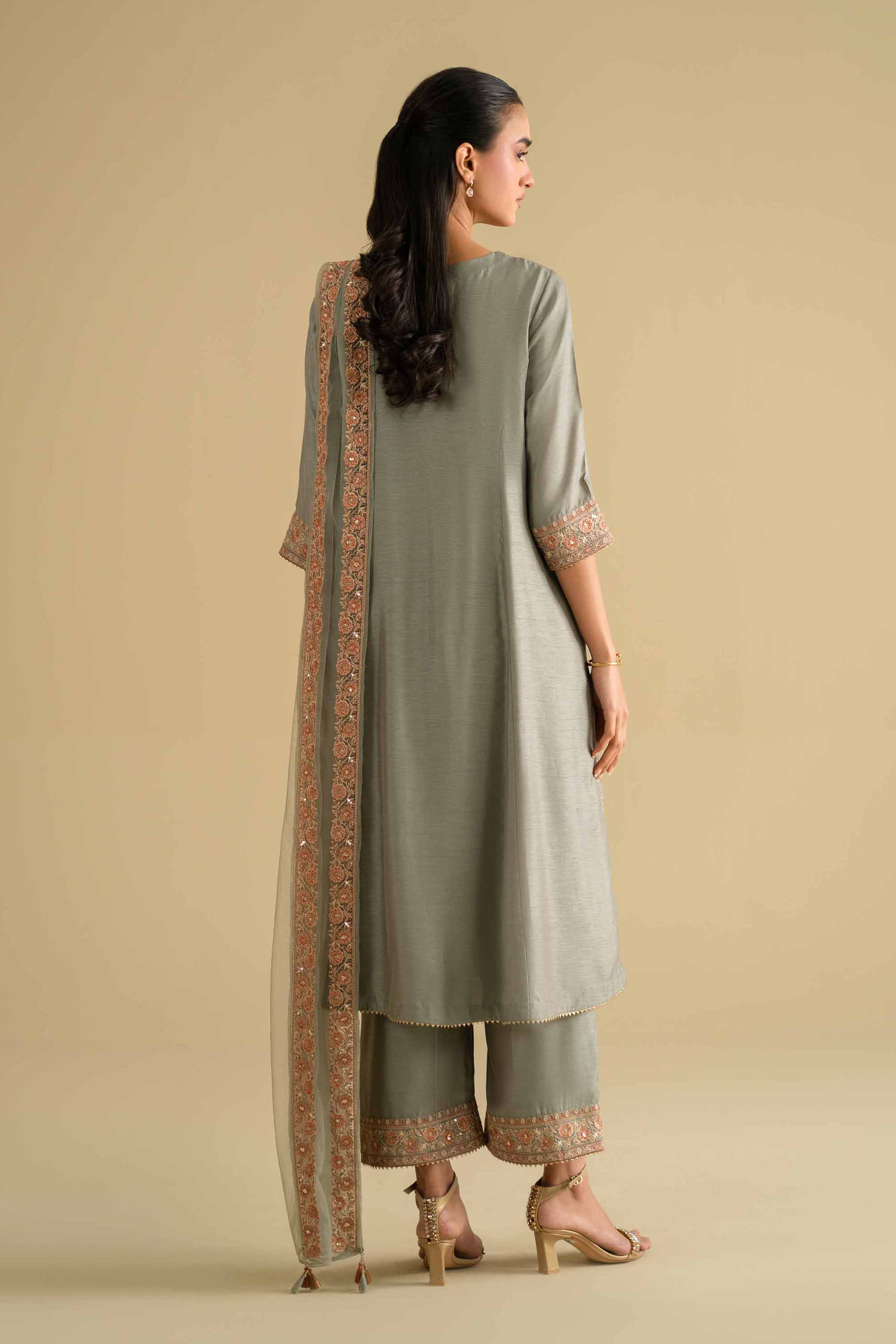Nishat UK - Grey Embroidered Silk 3-piece ready to wear luxury Suit