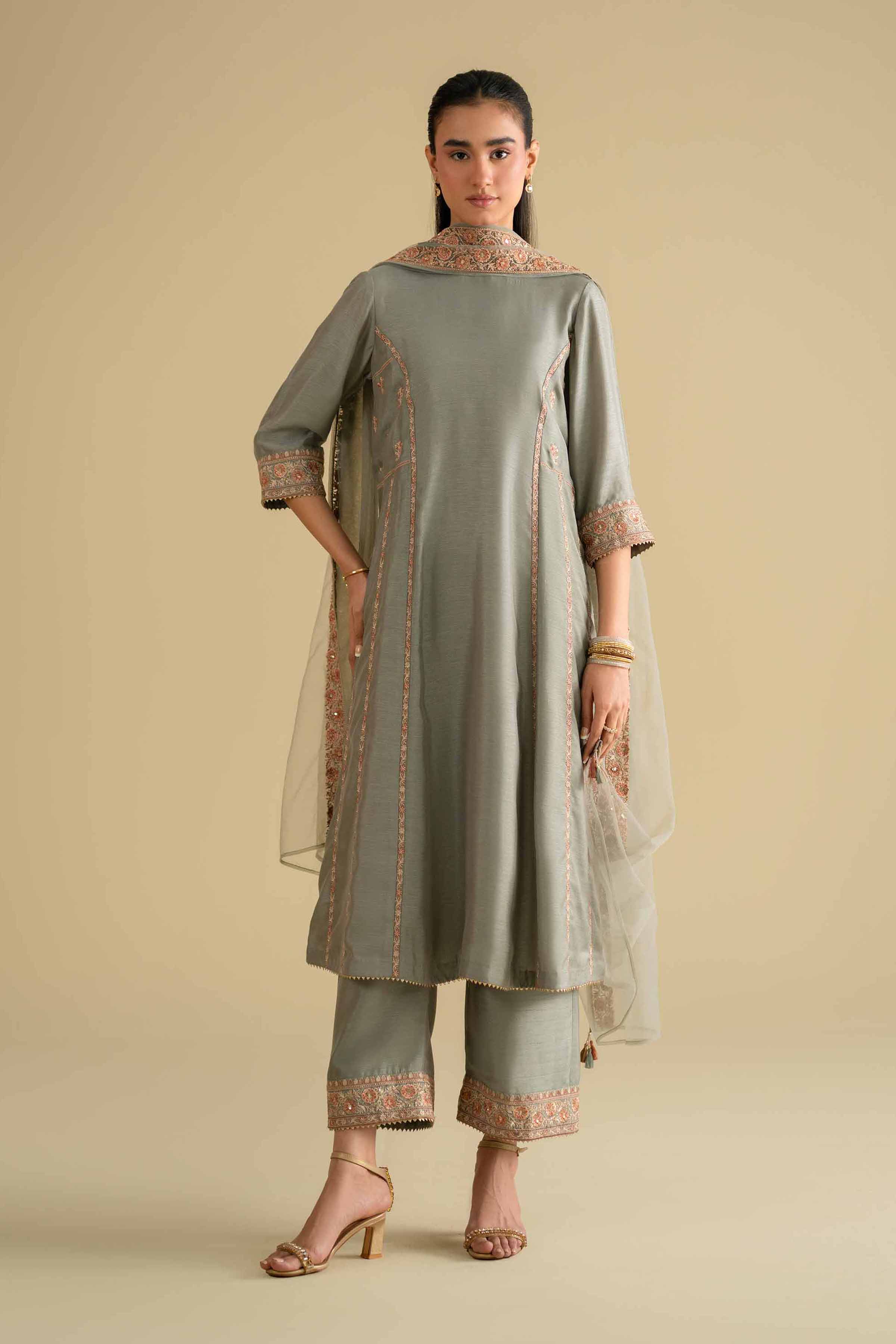 Nishat UK - Grey Embroidered Silk 3-piece ready to wear luxury Suit