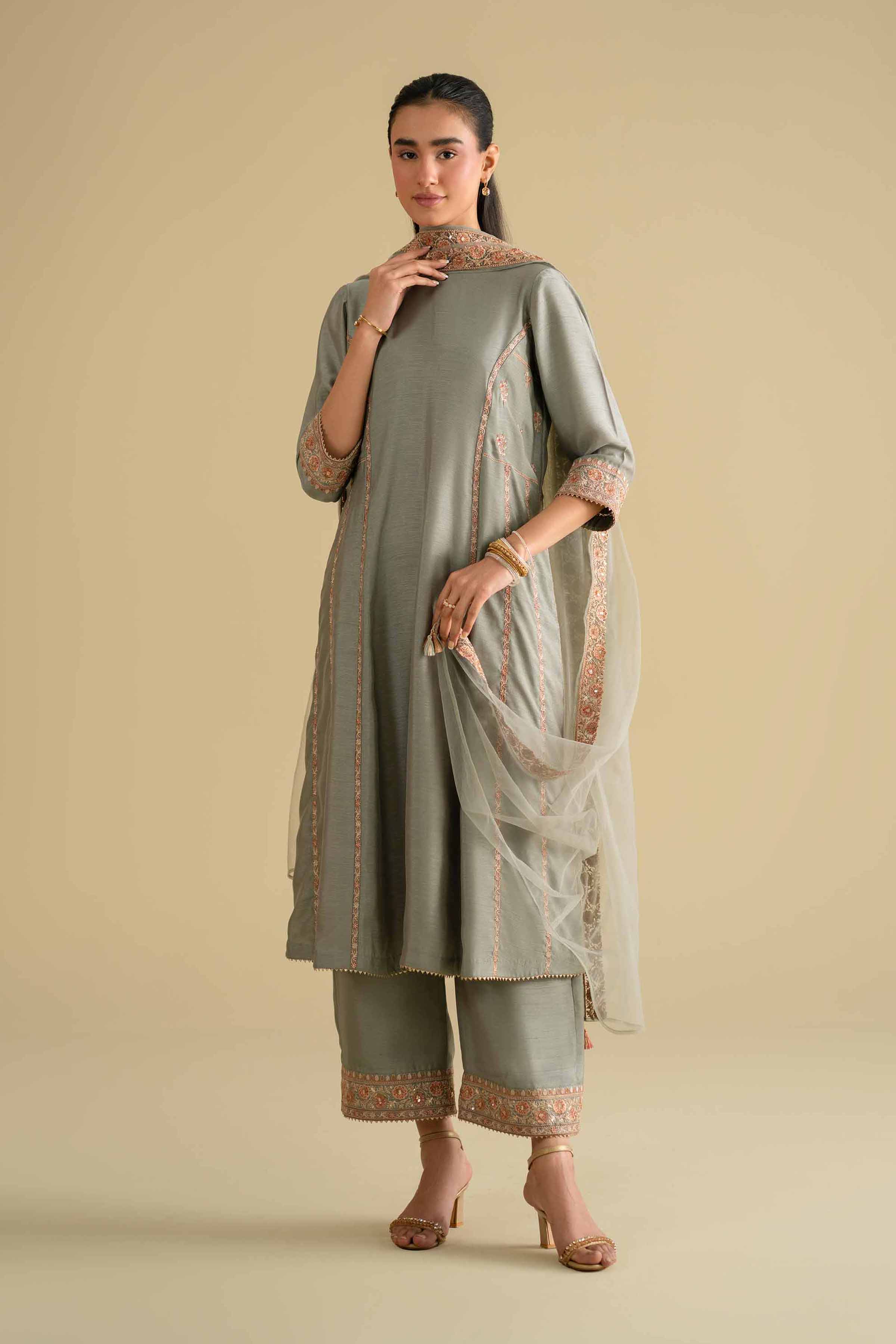 Nishat UK - Grey Embroidered Silk 3-piece ready to wear luxury Suit