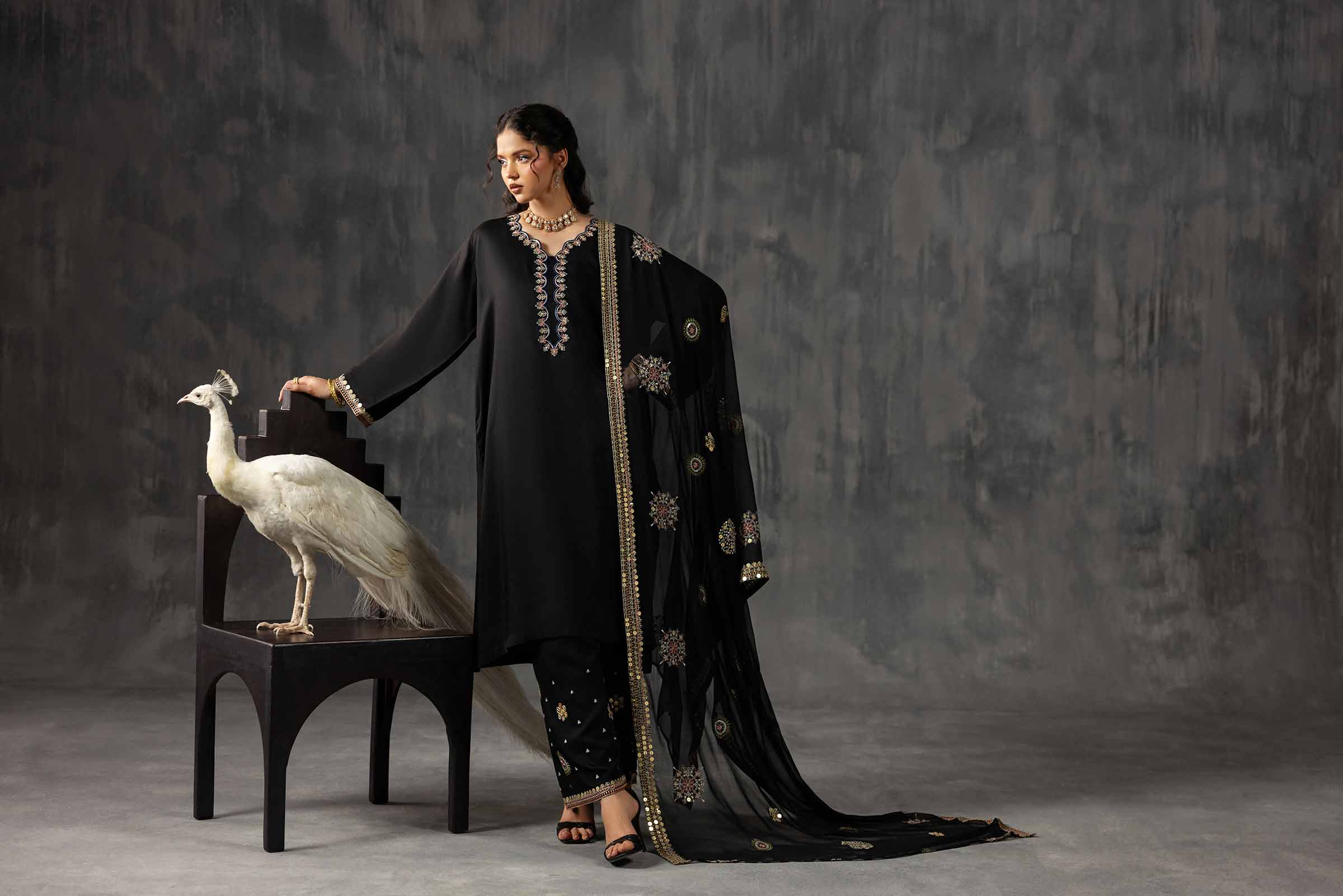 Nishat UK - Black Embroidered Silk 3 Pieces ready to wear Suit