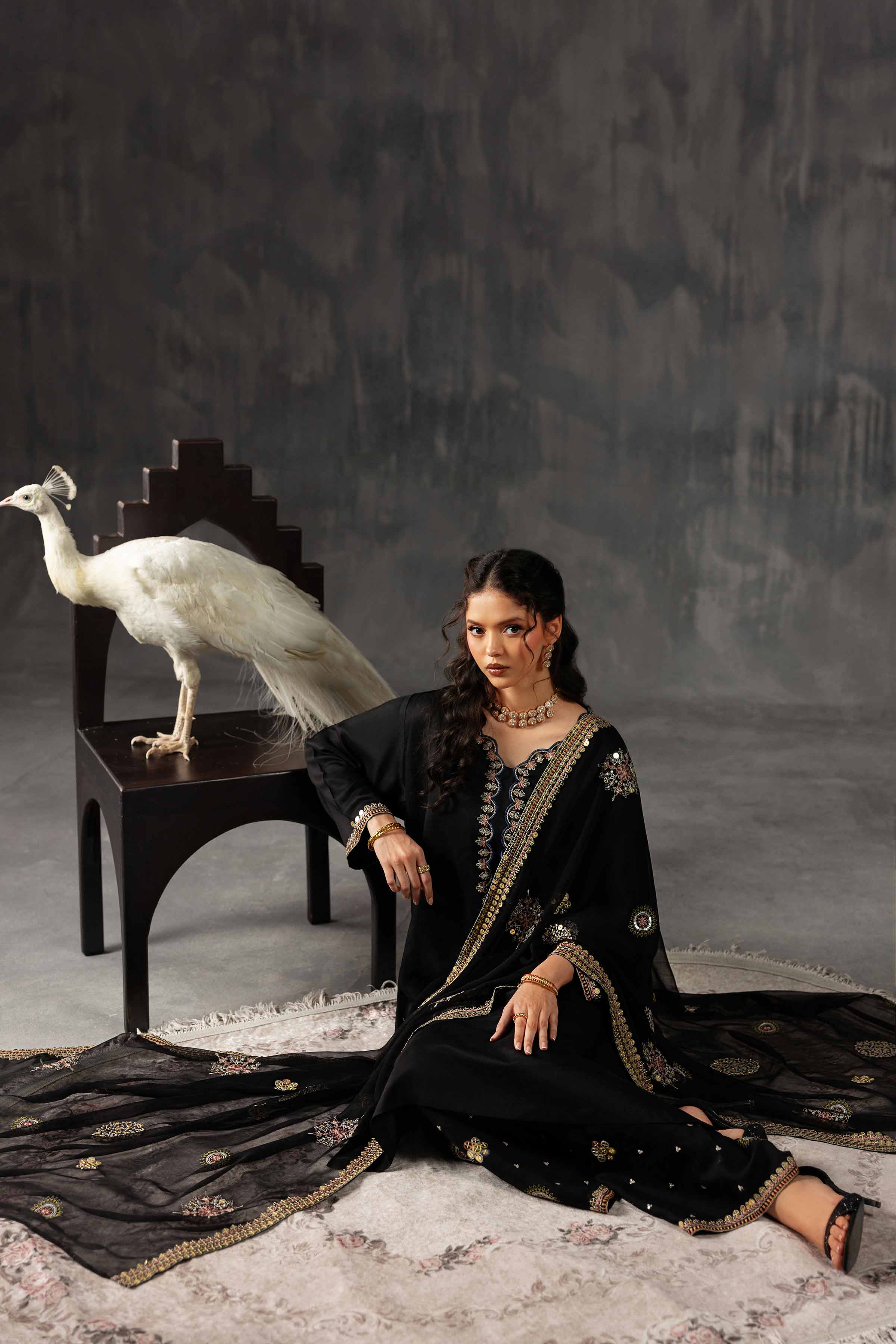 Nishat UK - Black Embroidered Silk 3 Pieces ready to wear Suit