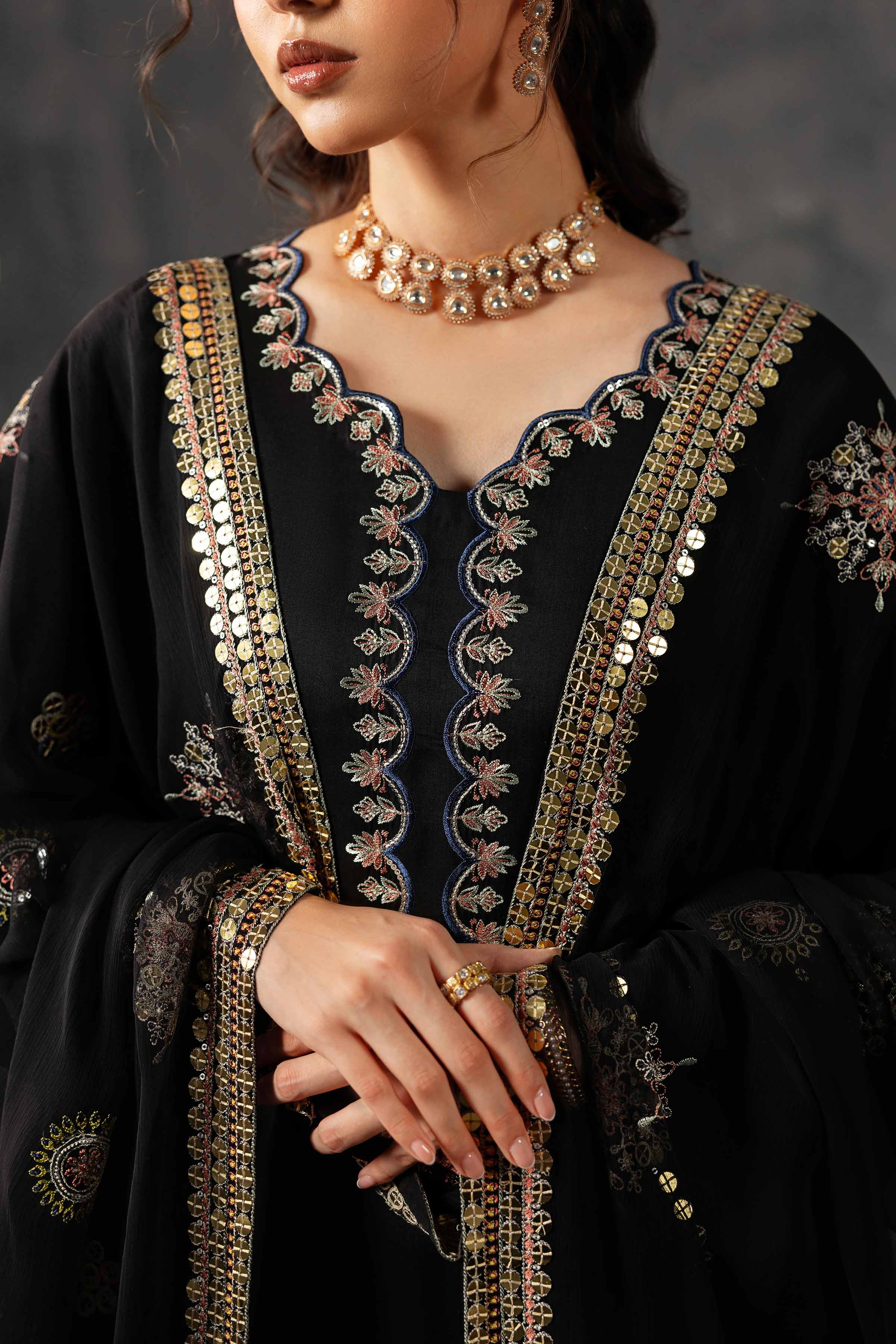 Nishat UK - Black Embroidered Silk 3 Pieces ready to wear Suit