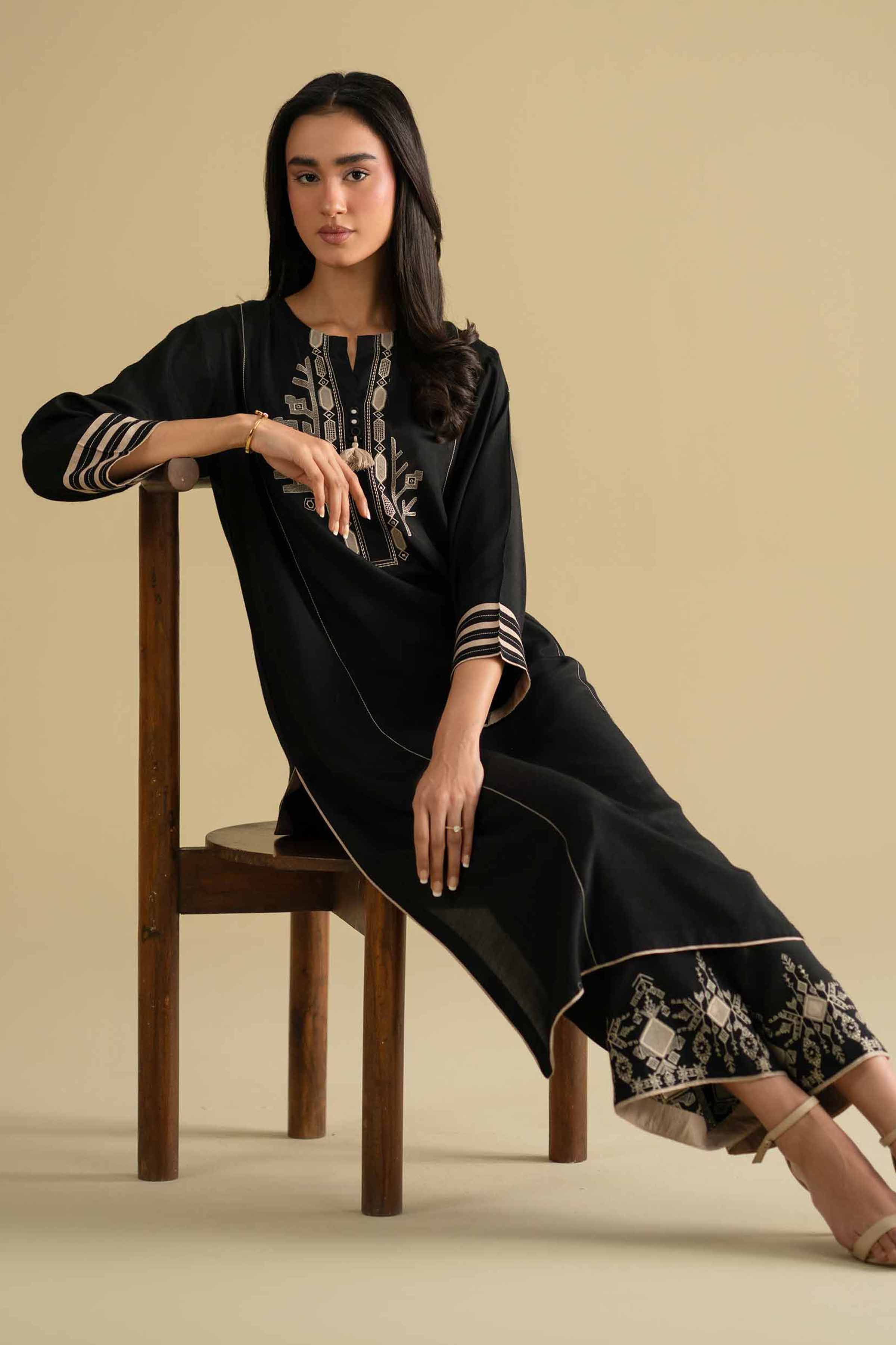 NishatUK - Black Embroidered Silk 2-piece ready to wear luxury Dress
