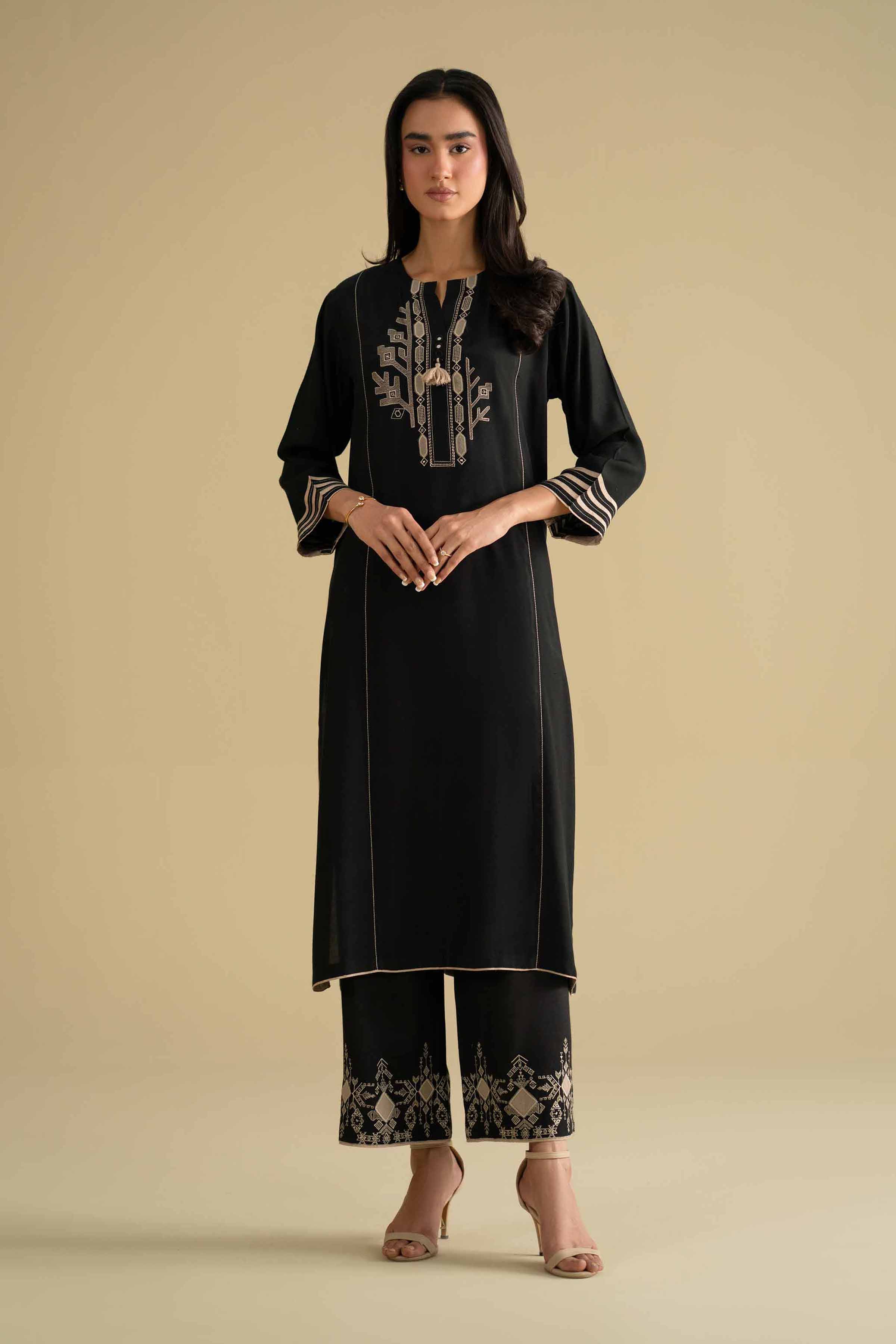 NishatUK - Black Embroidered Silk 2-piece ready to wear luxury Dress