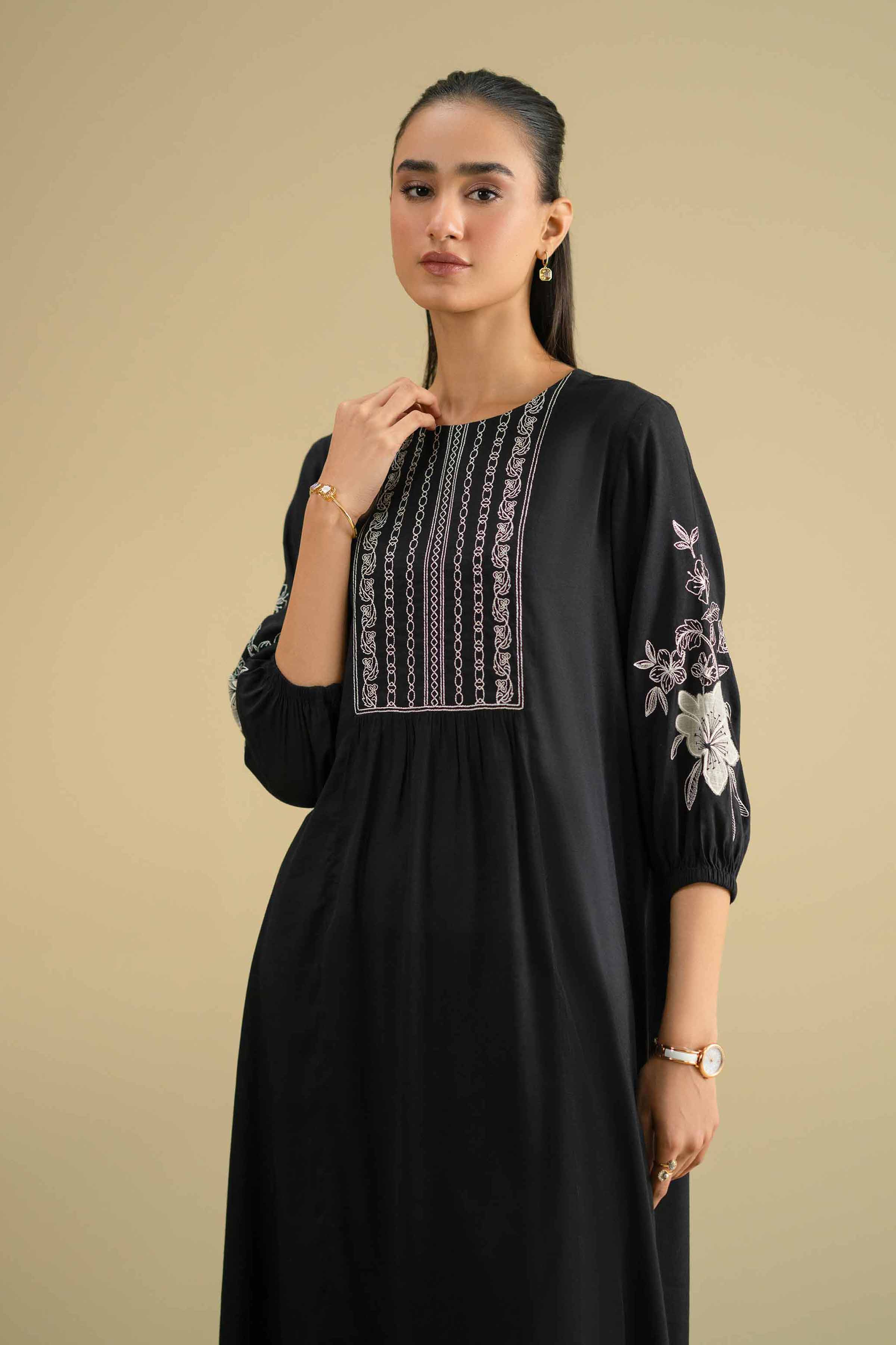 NishatUK - Black Embroidered Yarn Dyed 2-piece ready to wear Dress