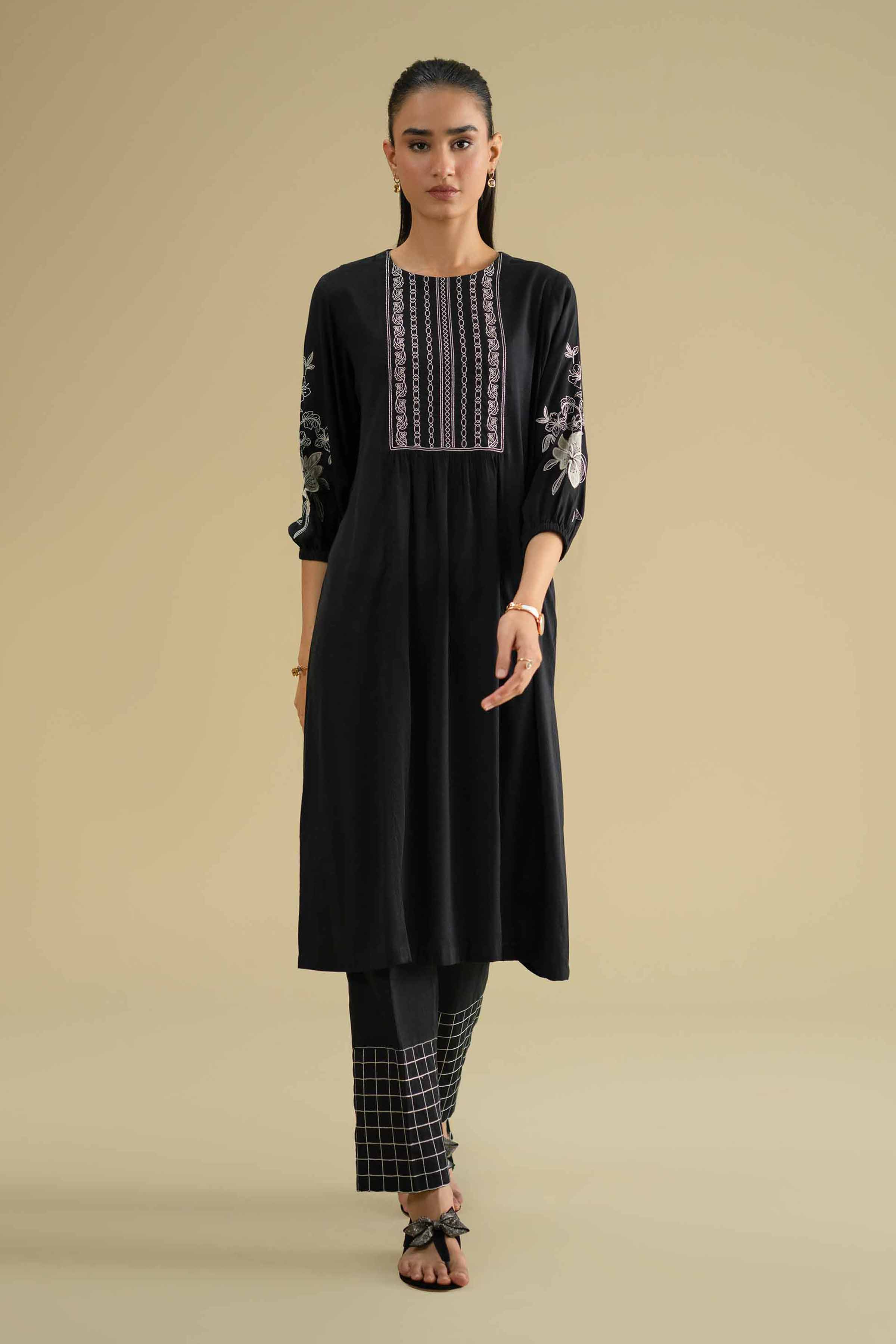 NishatUK - Black Embroidered Yarn Dyed 2-piece ready to wear Dress