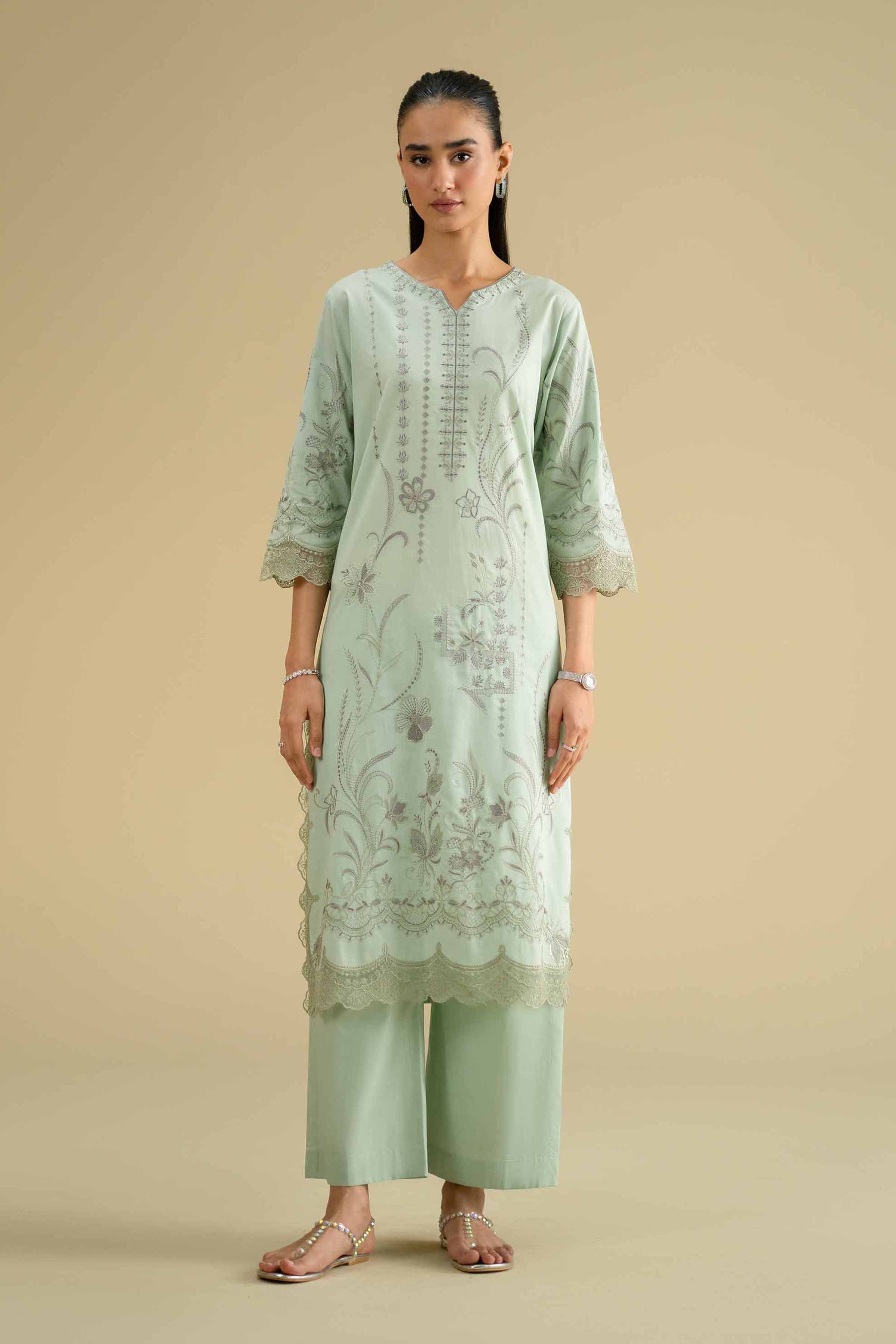 NishatUK - Green Embroidered Cambric 2-piece ready to wear Dress