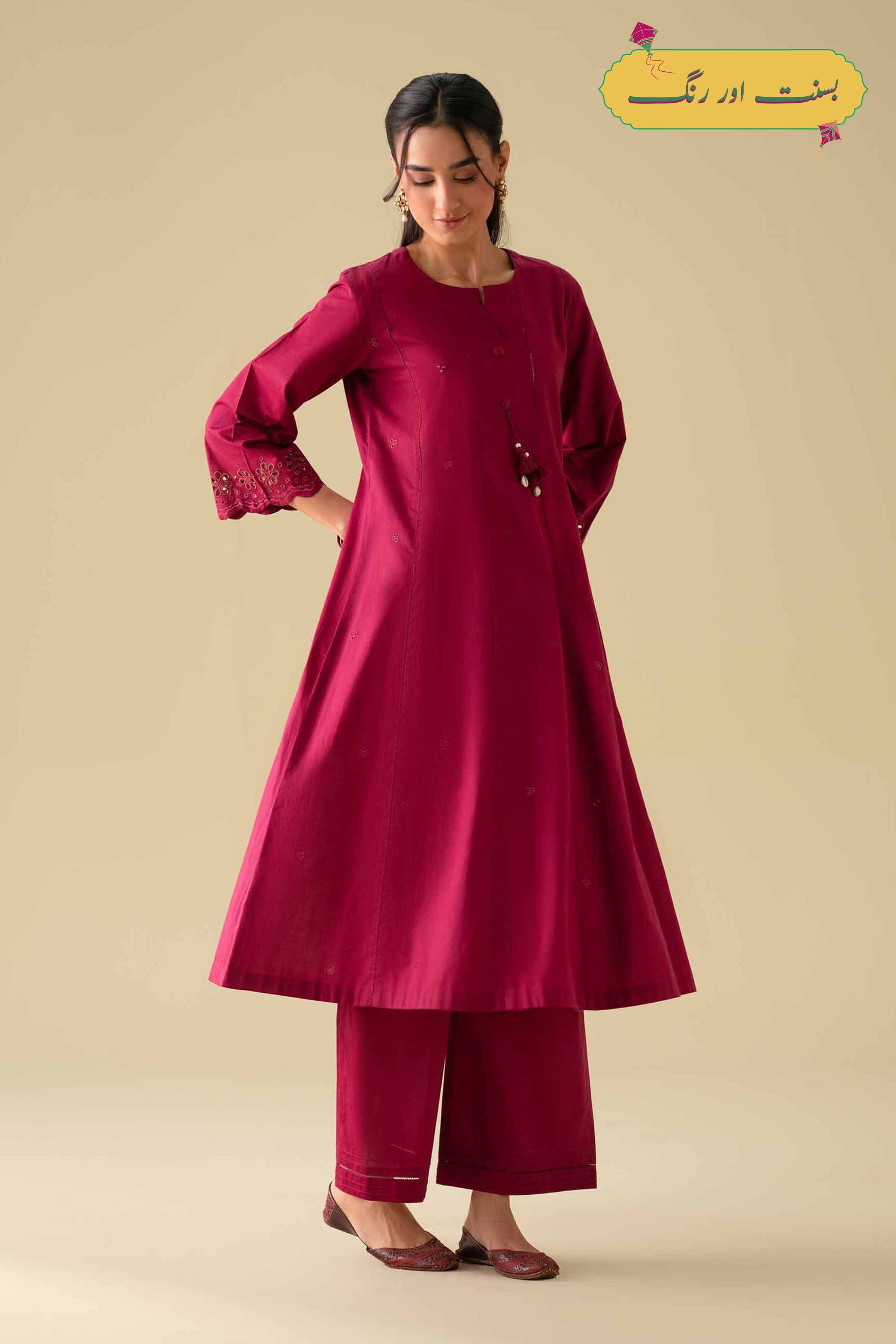 NishatUK - Red Embroidered Cambric 2-piece ready to wear Dress