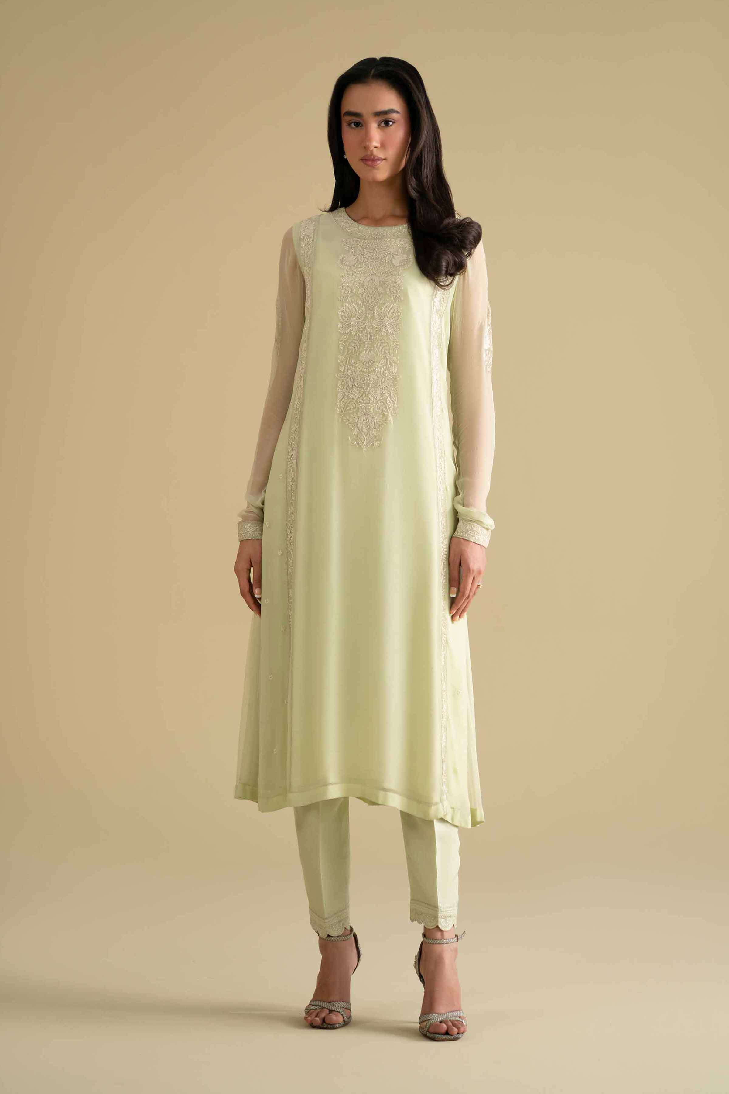 NishatUK - Green Embroidered Chiffon 2-piece ready to wear luxury Dress