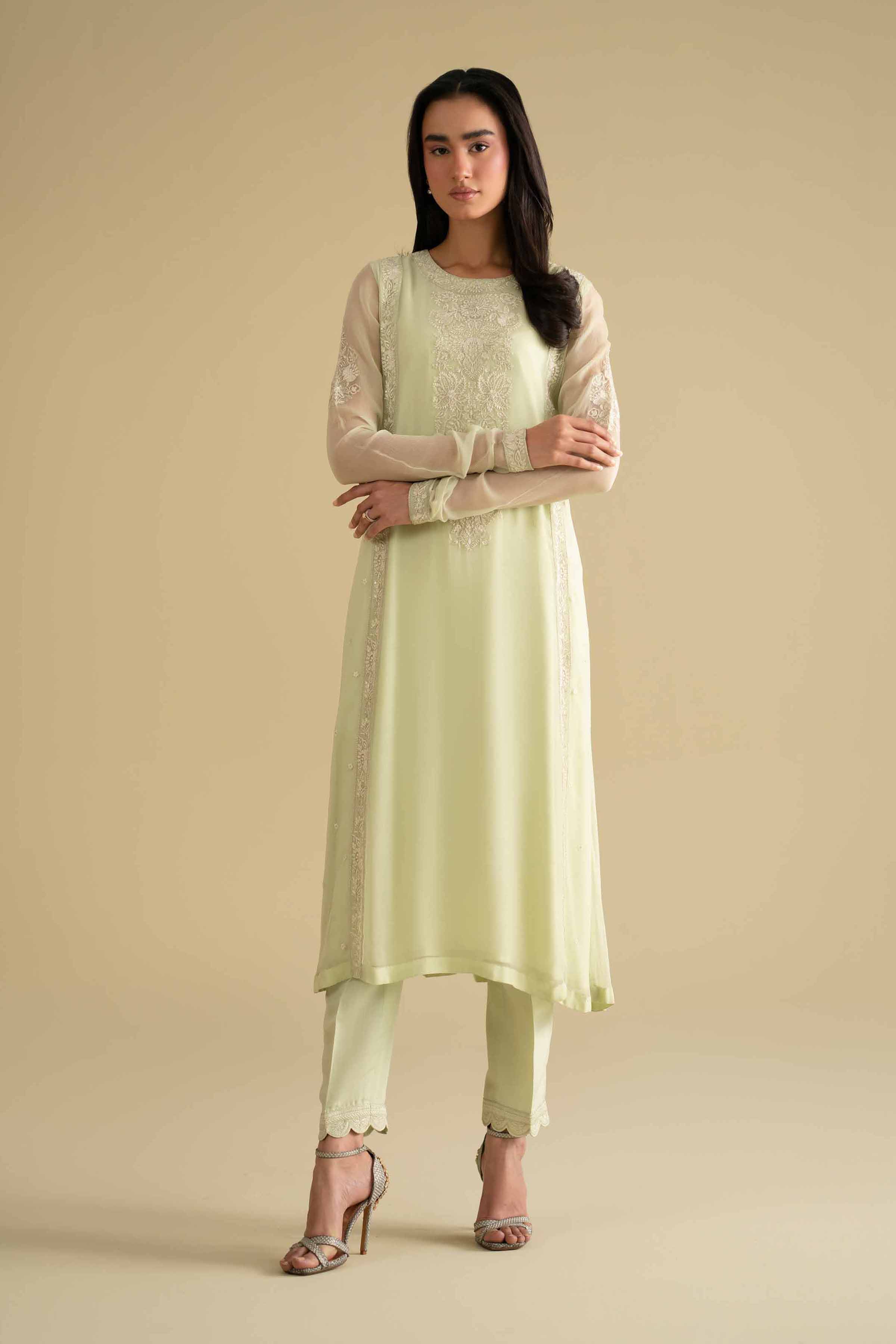 NishatUK - Green Embroidered Chiffon 2-piece ready to wear luxury Dress