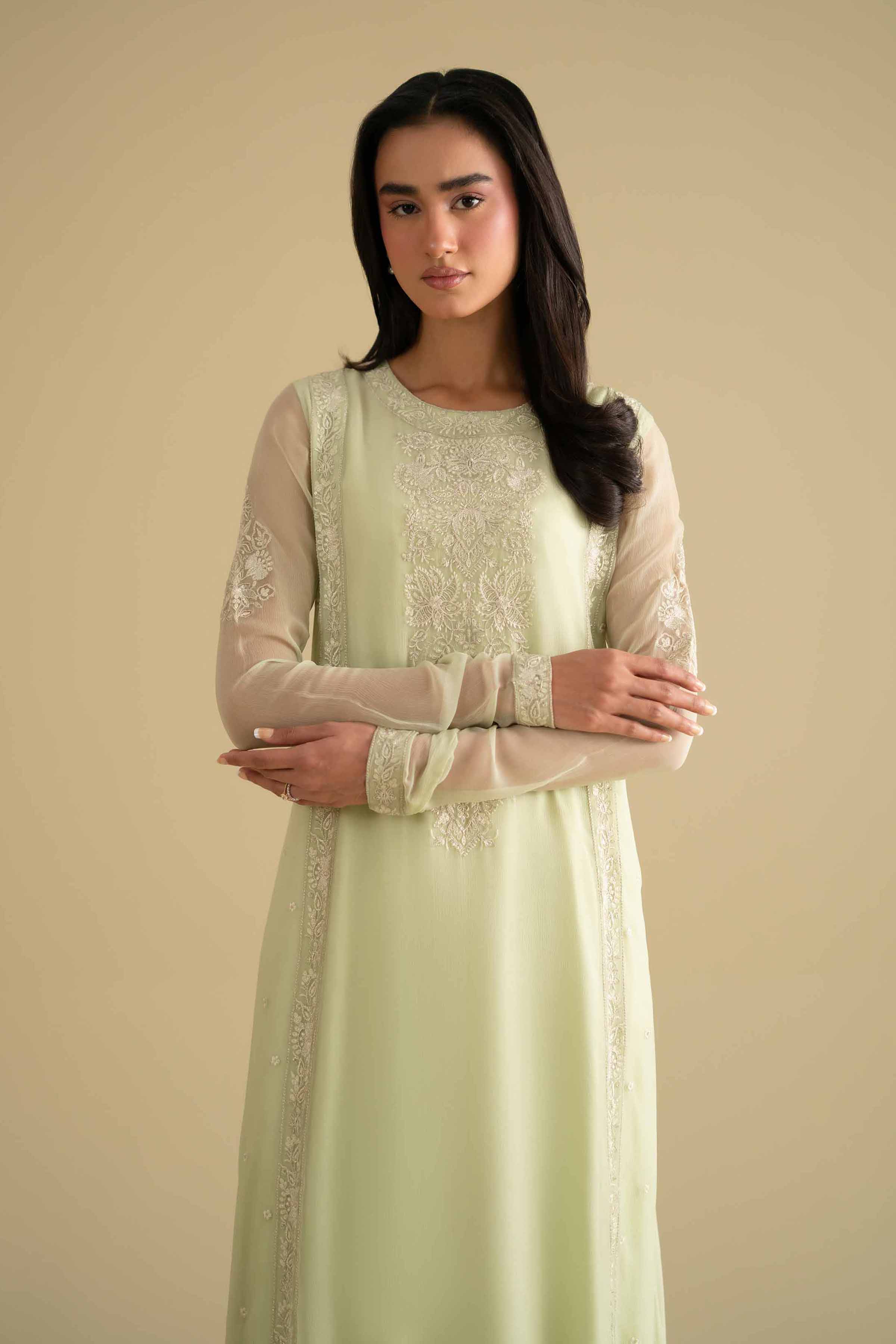 NishatUK - Green Embroidered Chiffon 2-piece ready to wear luxury Dress