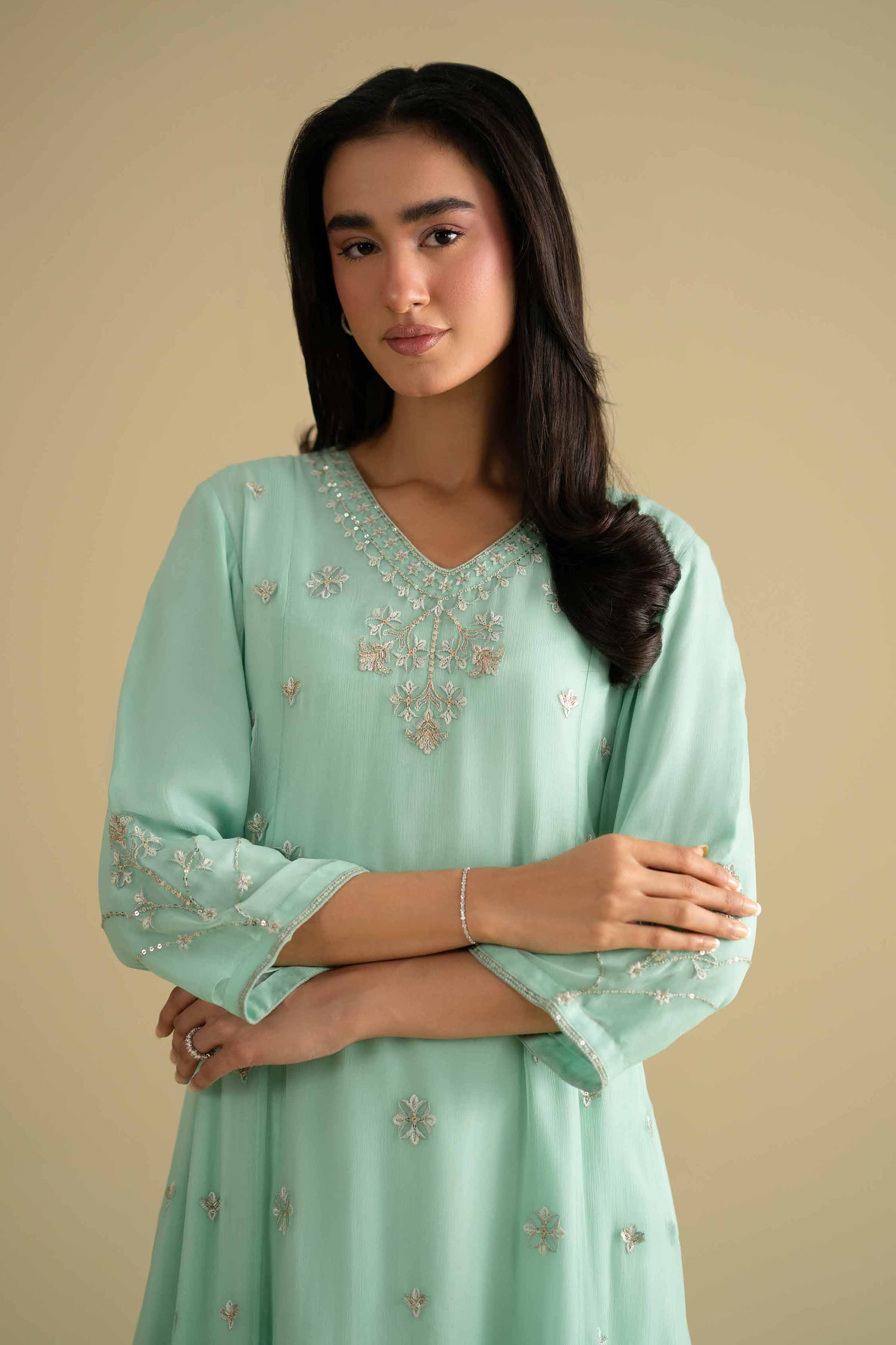 NishatUK - Blue Embroidered Chiffon 2-piece ready to wear Dress