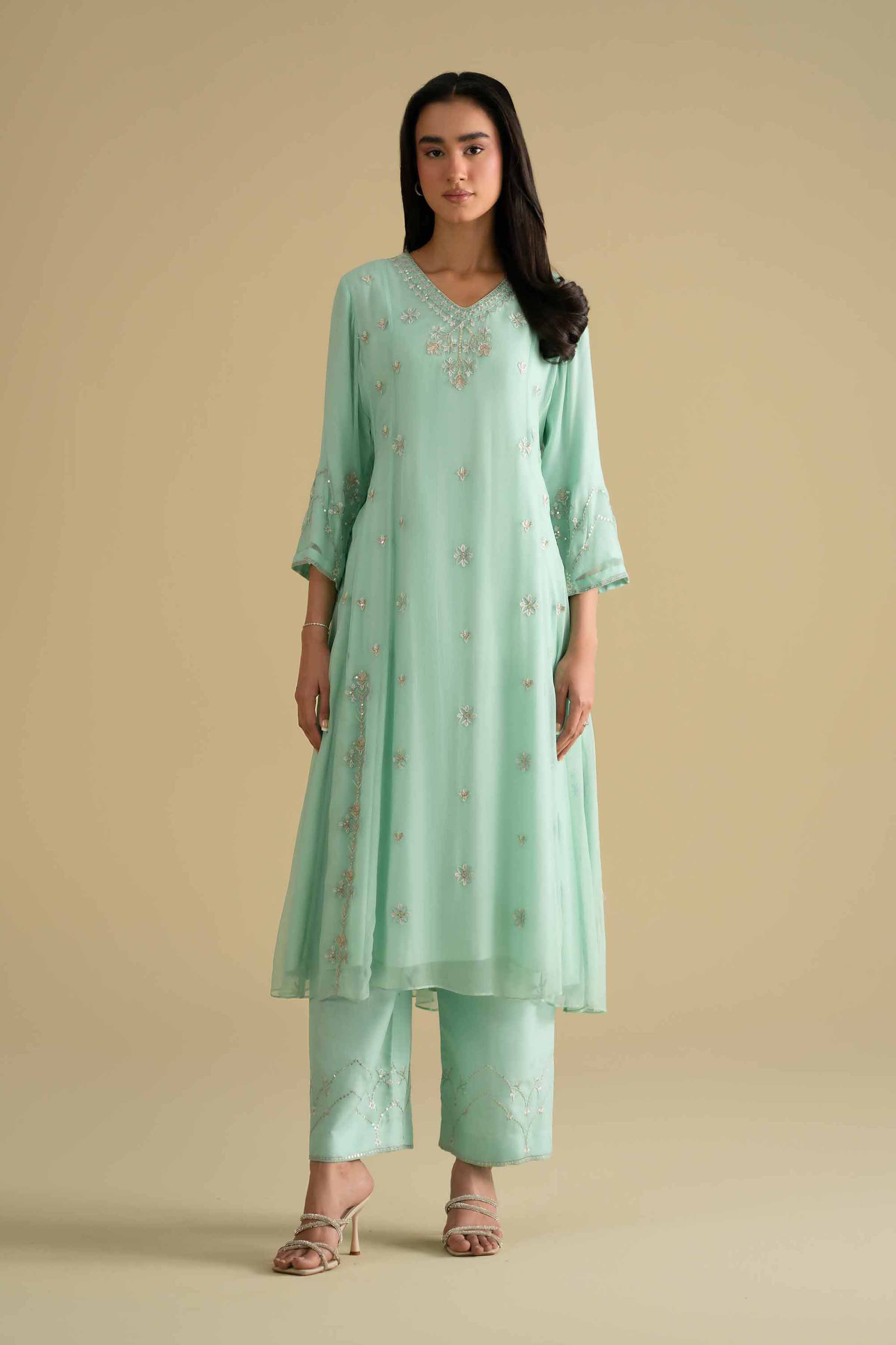 NishatUK - Blue Embroidered Chiffon 2-piece ready to wear Dress