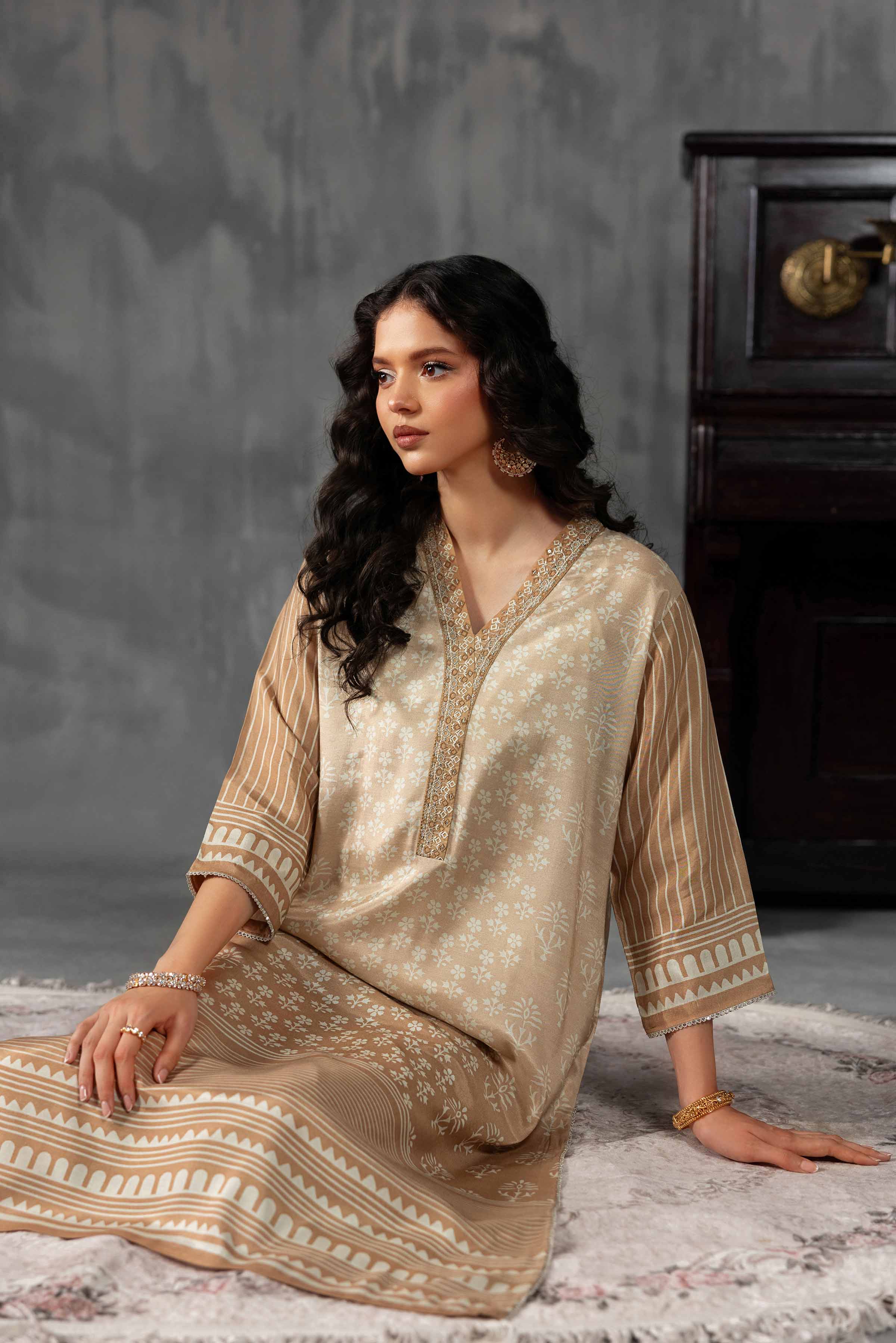 Nishat UK - Brown Embroidered Silk 2-piece ready to wear luxury Dress