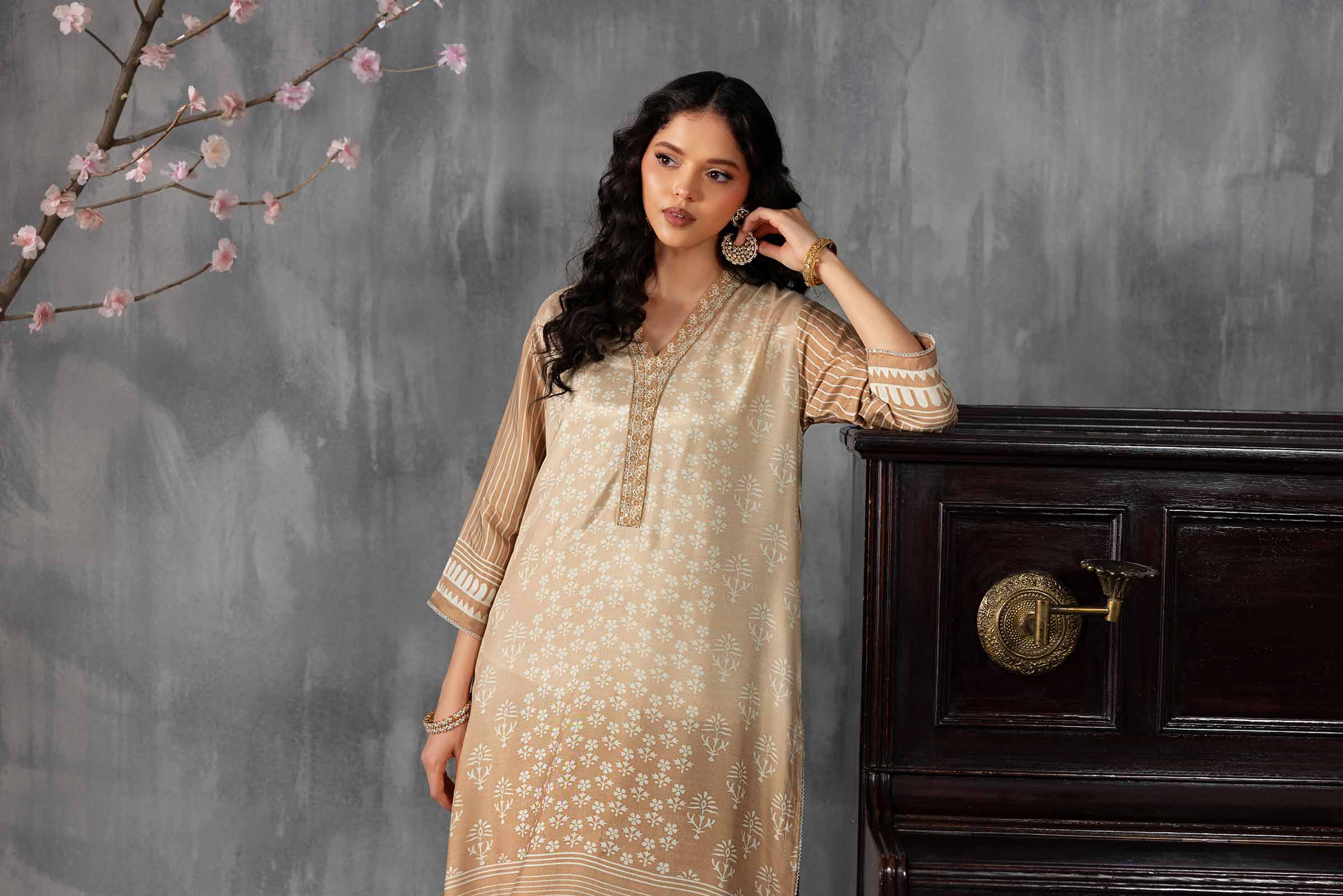 Nishat UK - Brown Embroidered Silk 2-piece ready to wear luxury Dress