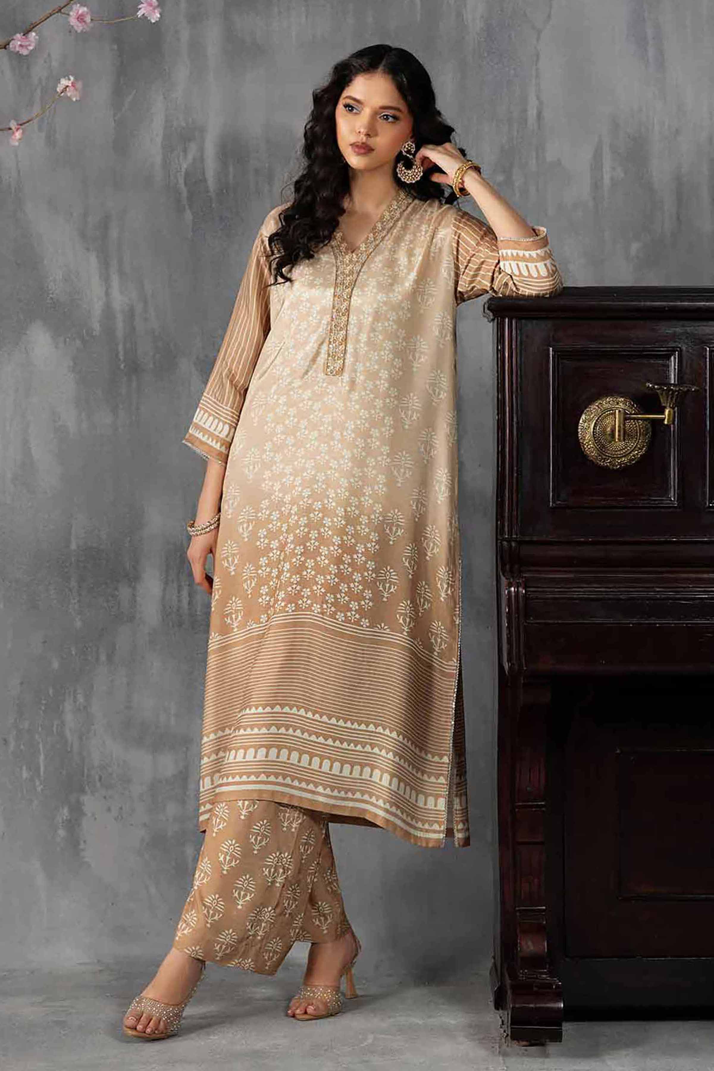 Nishat UK - Brown Embroidered Silk 2-piece ready to wear luxury Dress