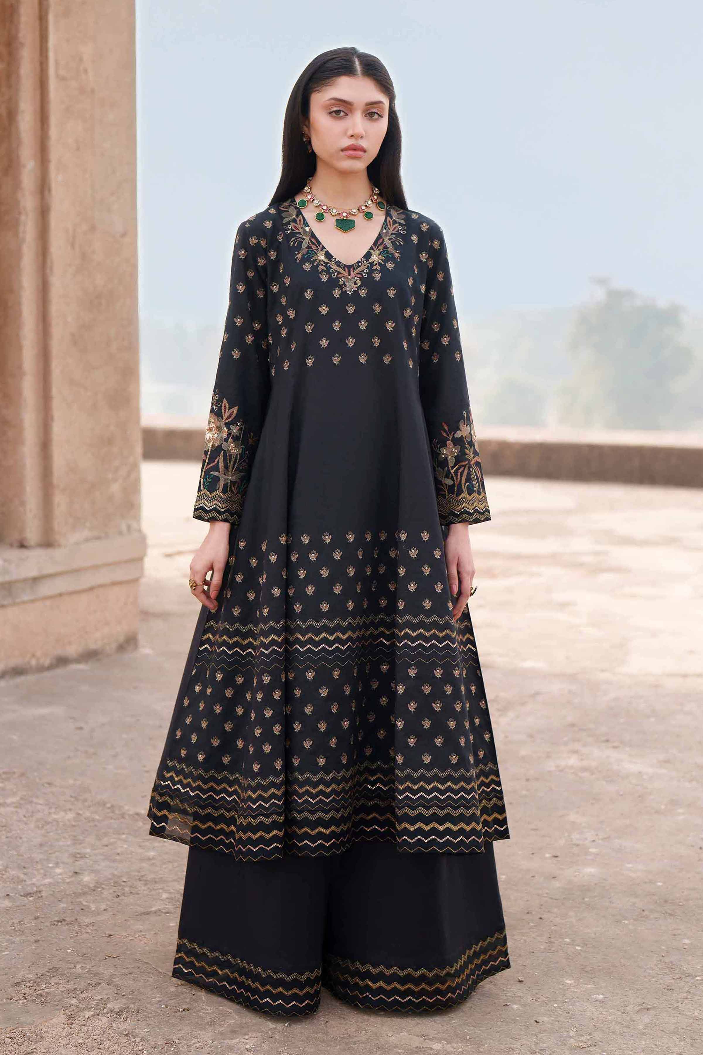 Nishat UK - Black Embroidered Cambric 2-piece ready to wear luxury Dress