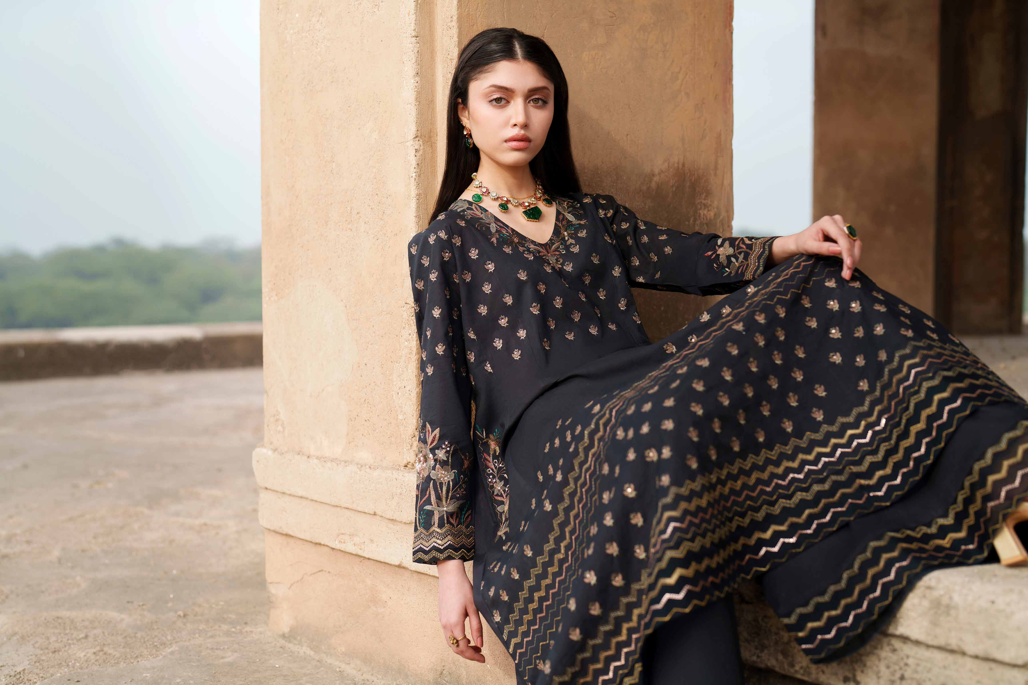 Nishat UK - Black Embroidered Cambric 2-piece ready to wear luxury Dress